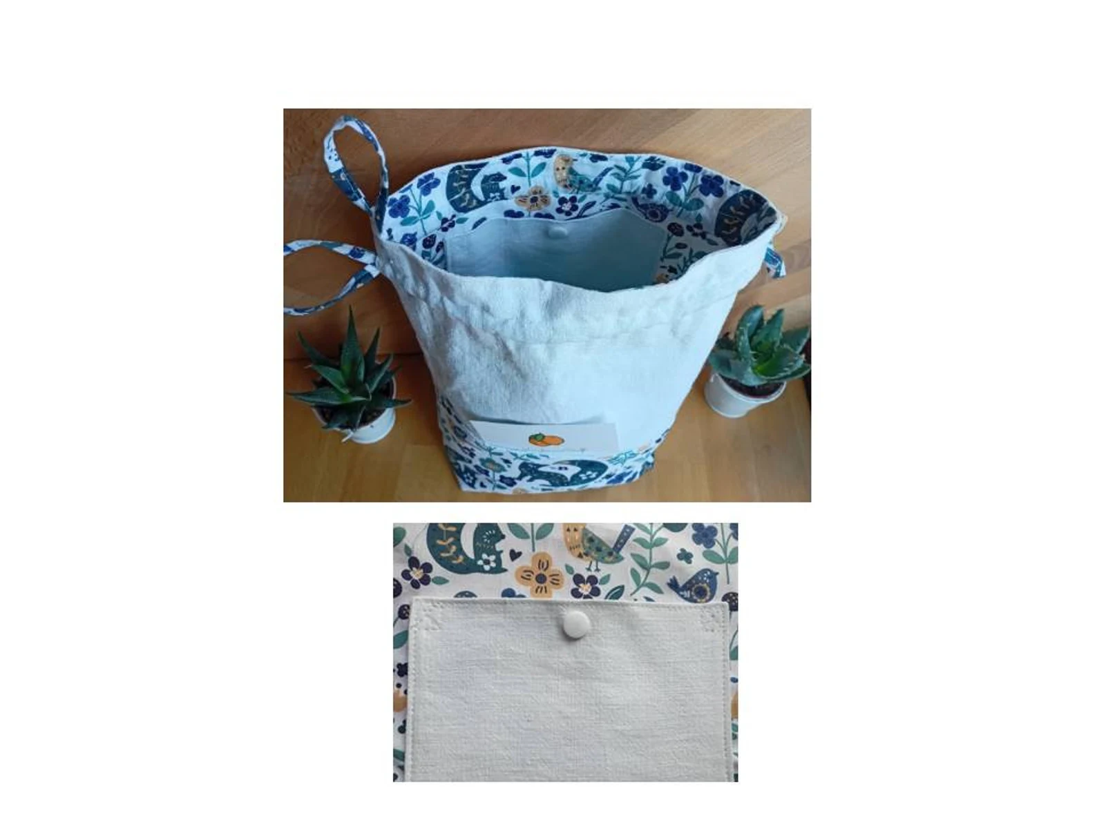Pochon, sac cadeau 0 déchet, sac à doudou, sac à goûter, en cretonne et lin, renard bleu et porte-carte