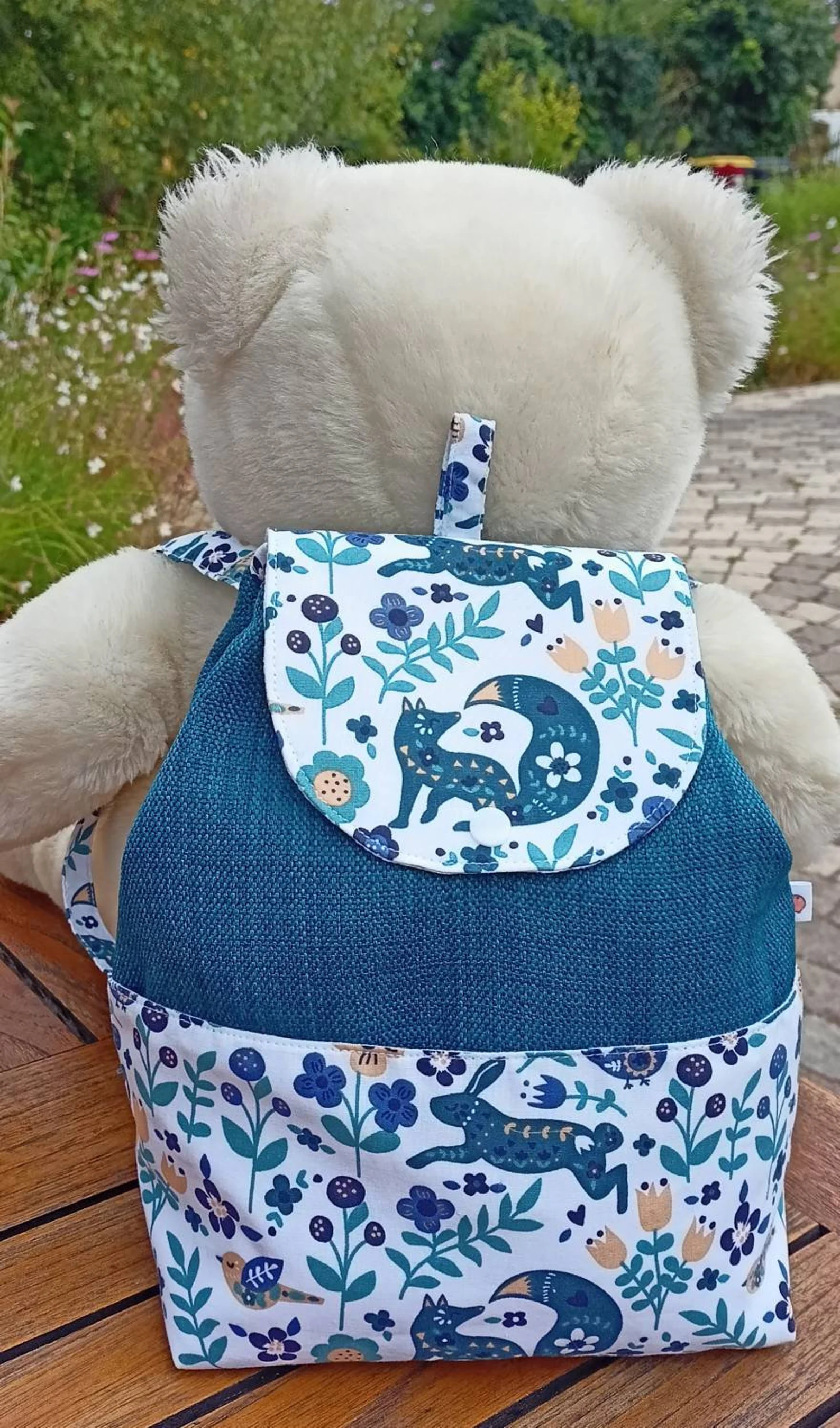 Sac à dos, sac à doudou, sac à goûter, en lin et piqué de coton Oeko tex imprimé renard bleu