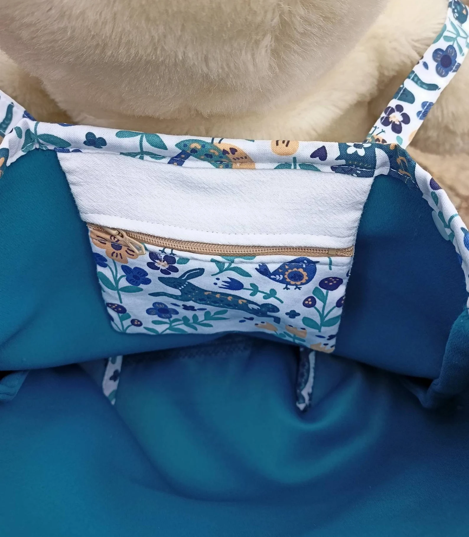 Sac à dos, sac à doudou, sac à goûter, en lin et piqué de coton Oeko tex imprimé renard bleu