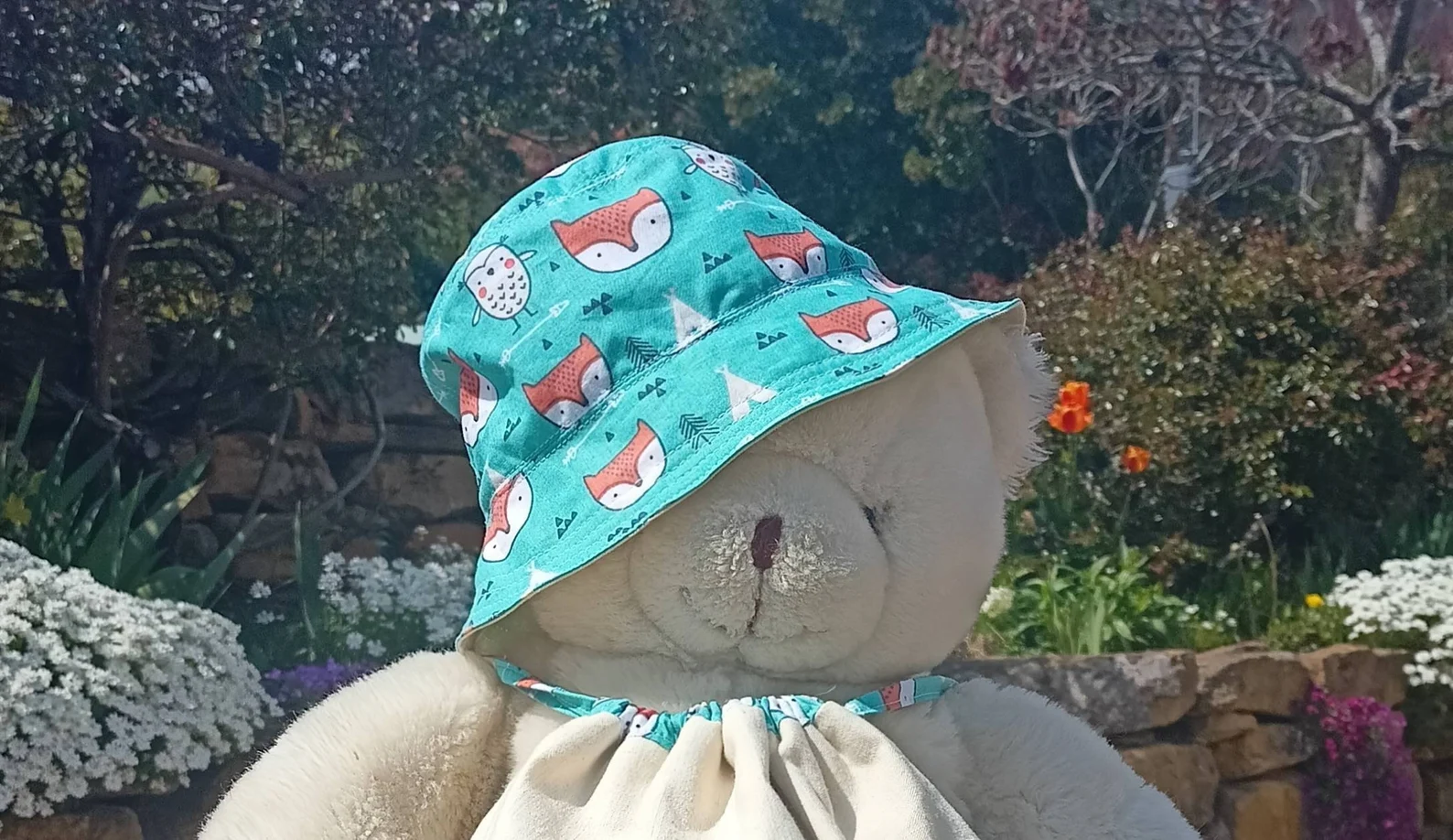 Bob, chapeau bébé, enfant, réversible en lin et coton imprimé renard orange