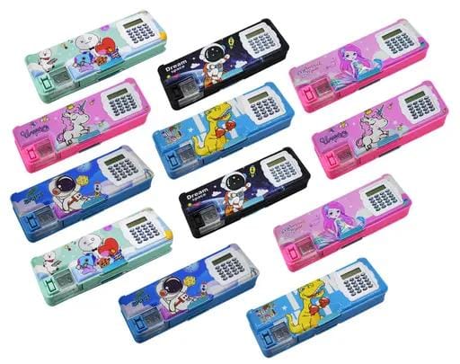 Multipurpose Mix Design Pencil Box with Calculator and Dual Sharpener for School Kids