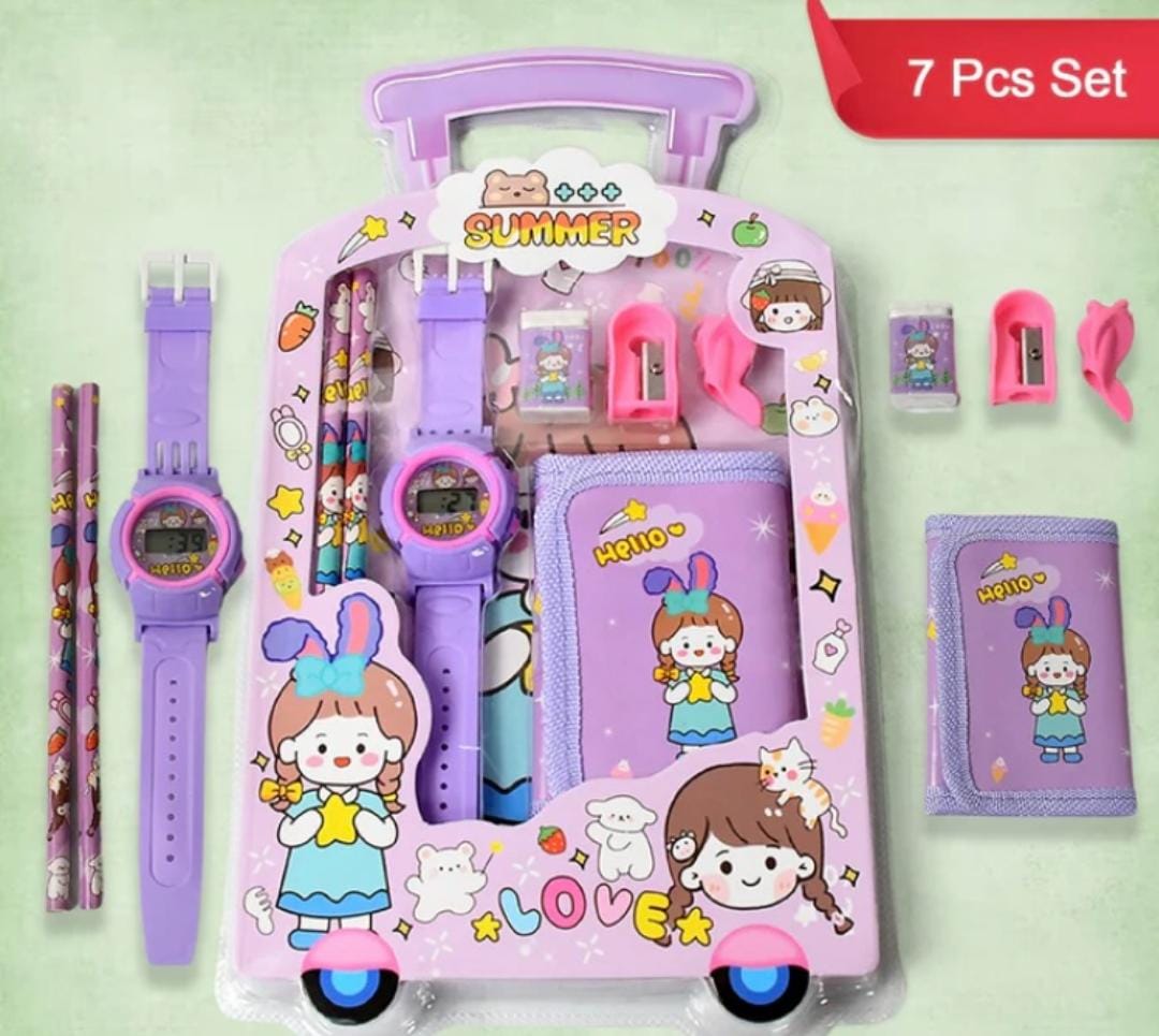MIX DESIGN CARTOON WOODEN PENCIL SET, STATIONARY SET 5 IN 1 ITEMS