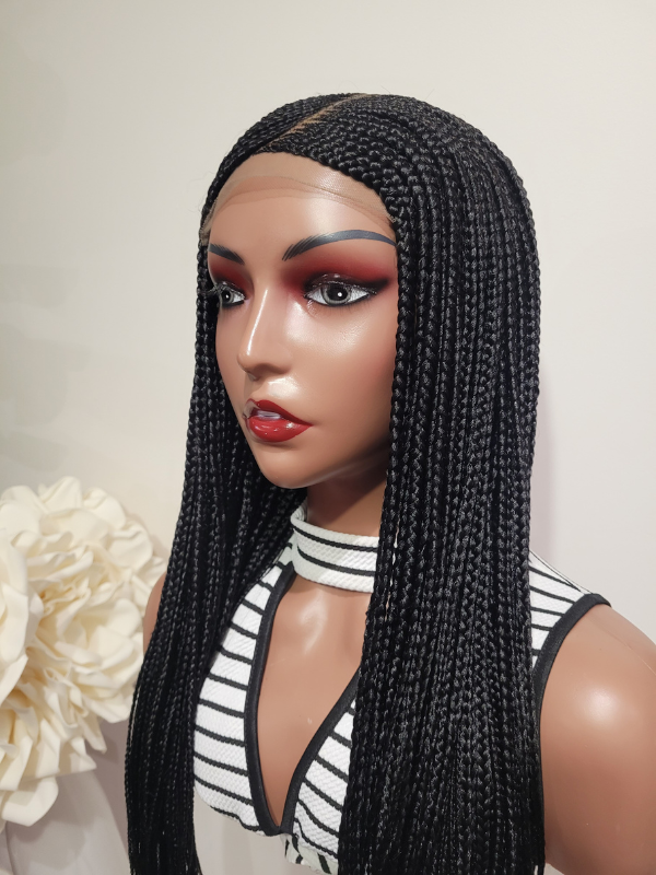 C Part Cornrow Lace Wig 5x5 Lace Front 30" Black Braids 