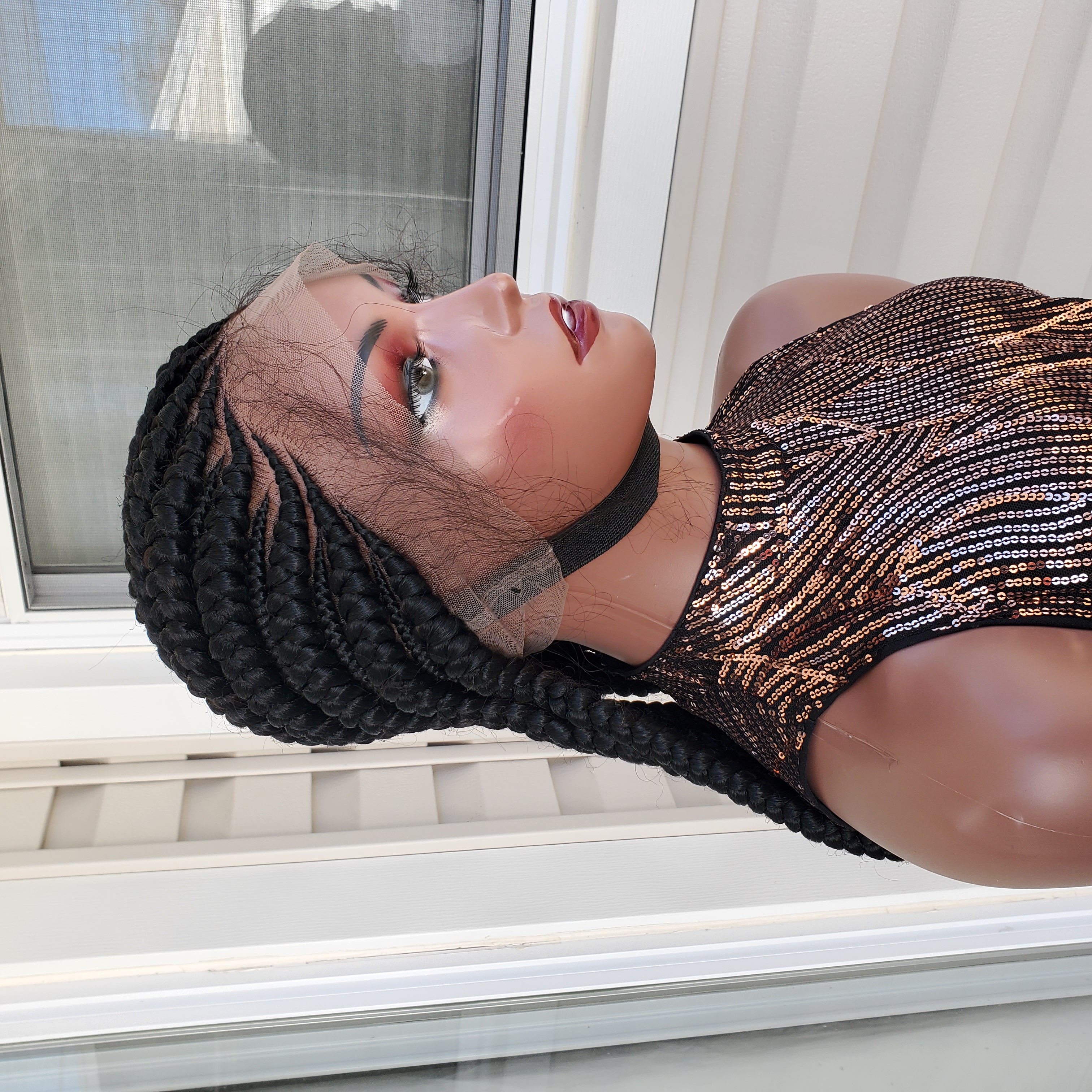 Alternating Jumbo Cornrows Braided Lace Wig 38" Full Lace Ghana Weaving All Back Black With Baby Hairs