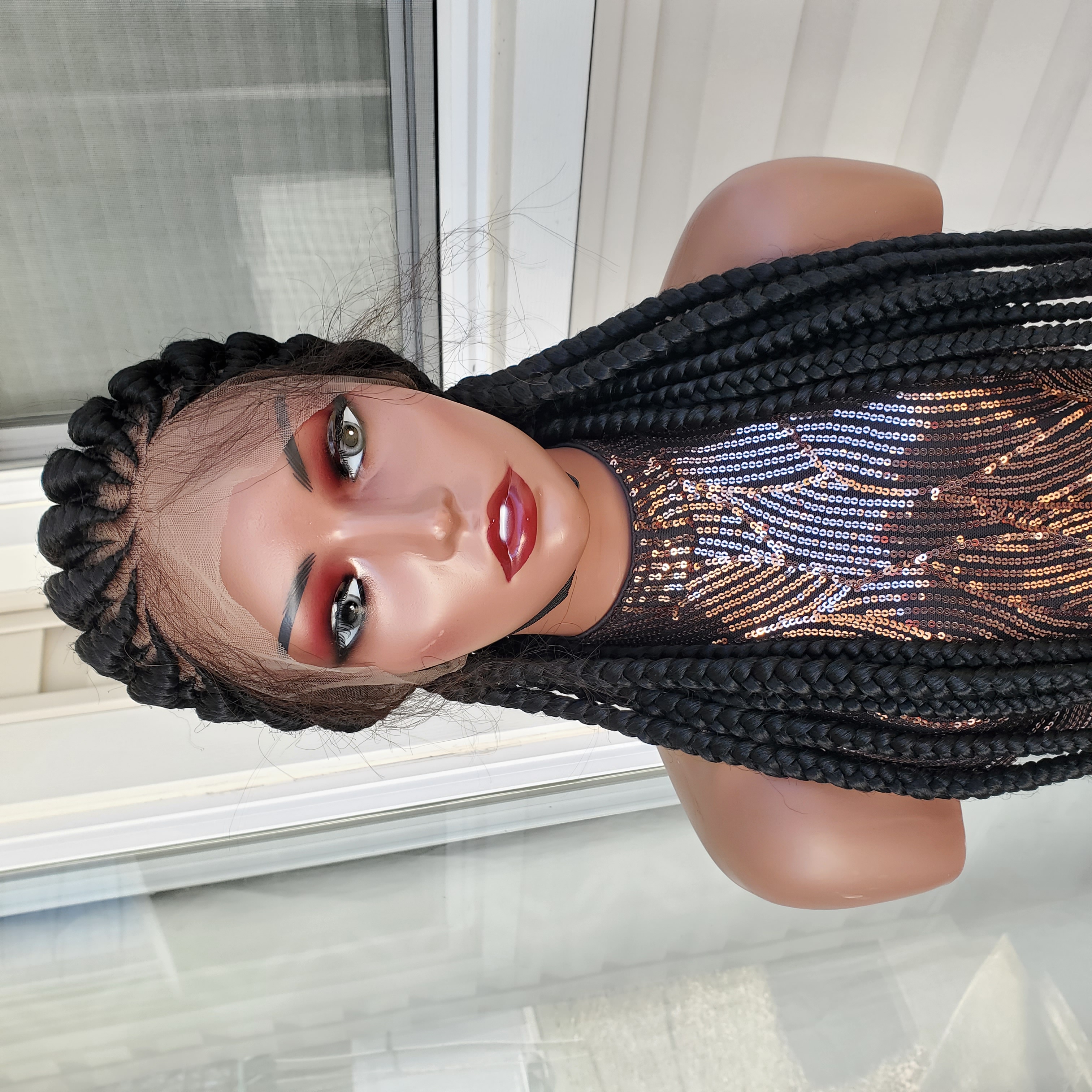 Alternating Jumbo Cornrows Braided Lace Wig 38" Full Lace Ghana Weaving All Back Black With Baby Hairs