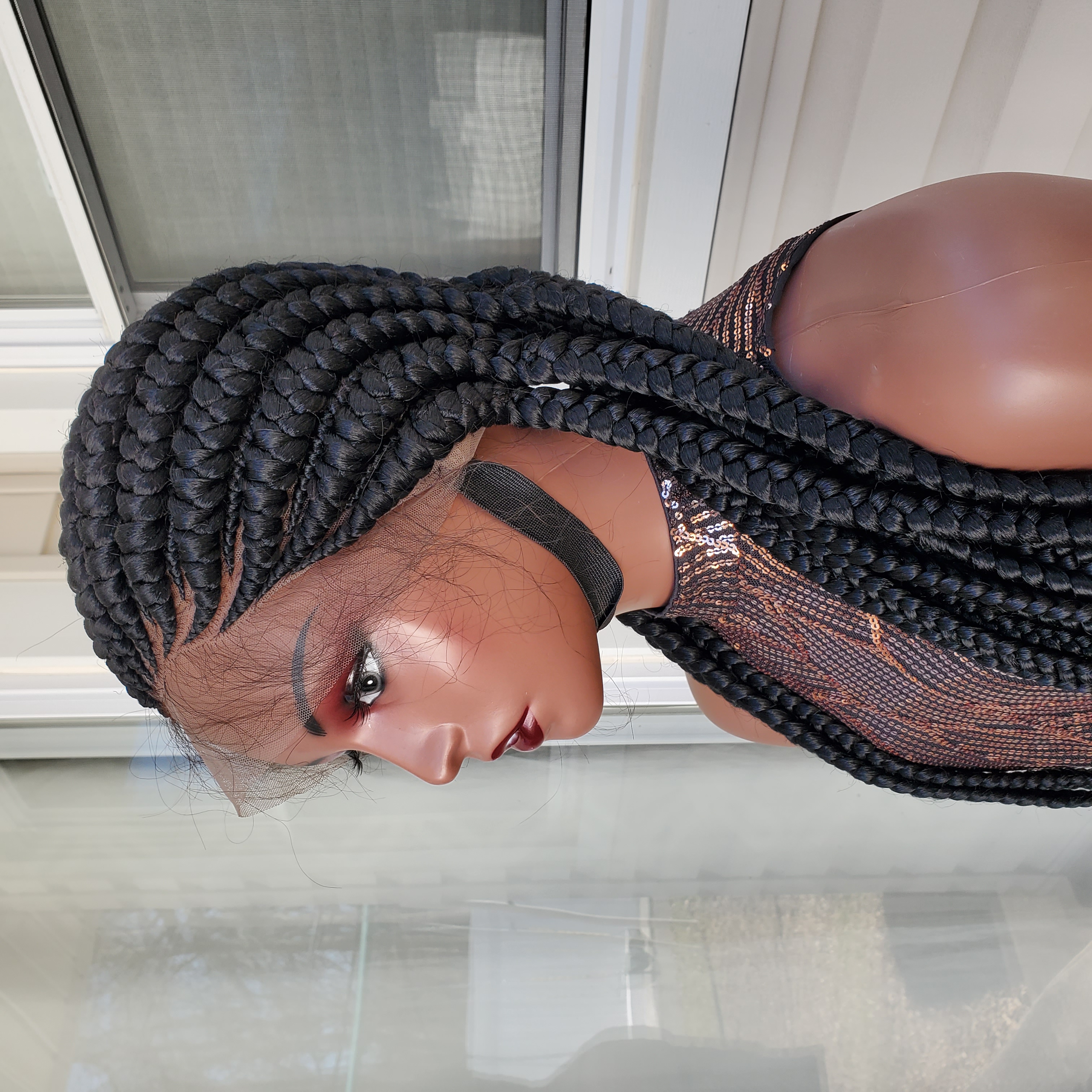 Alternating Jumbo Cornrows Braided Lace Wig 38" Full Lace Ghana Weaving All Back Black With Baby Hairs