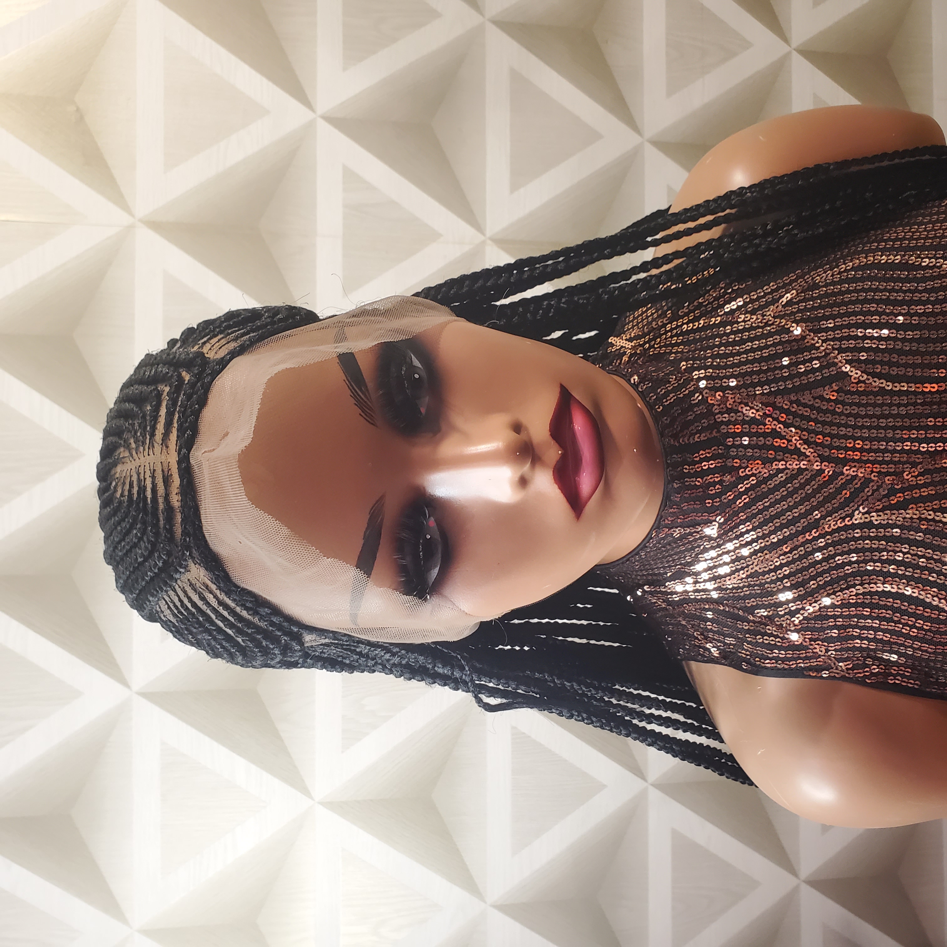 Braided Cornrow Pattern Wig Black 42" Full Lace 