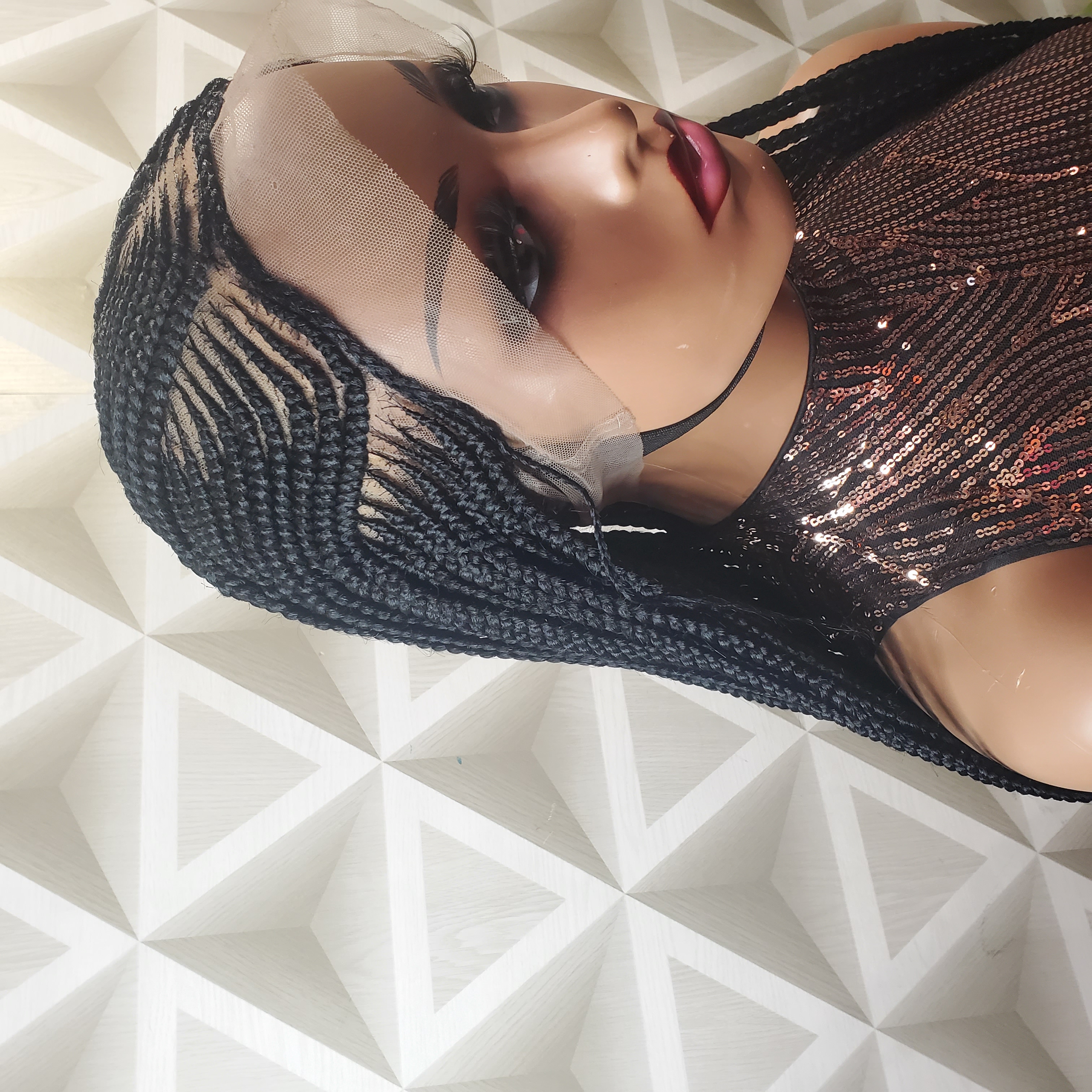 Braided Cornrow Pattern Wig Black 42" Full Lace 