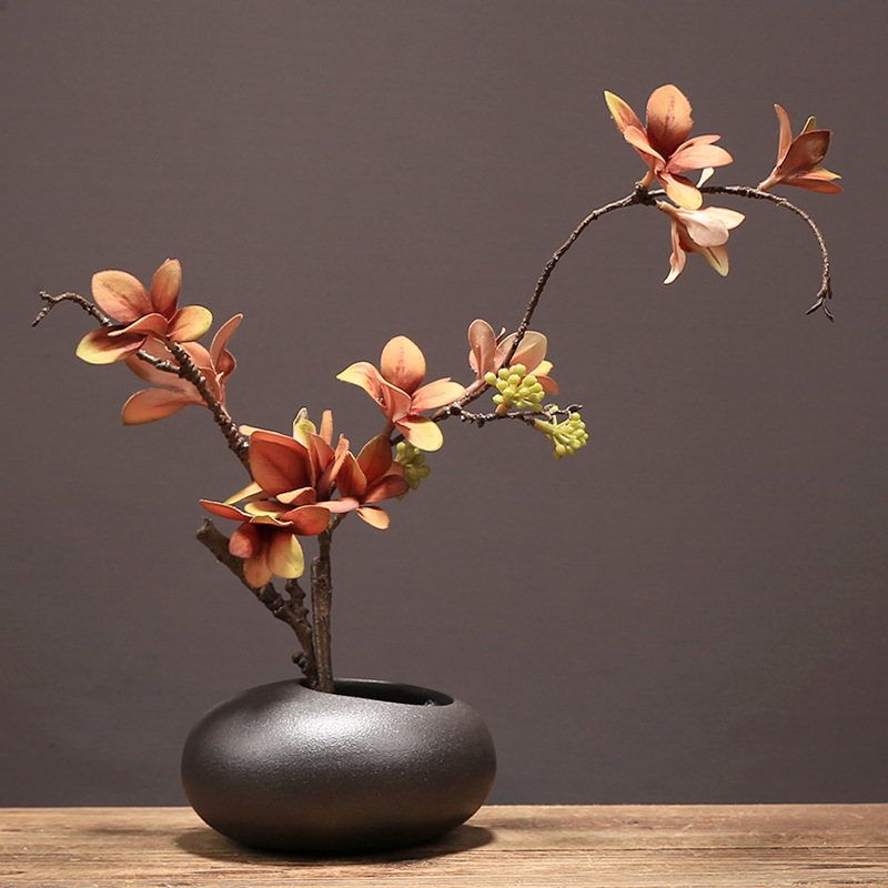 Artificial Cherry Blossom in Black Ceramic Vase