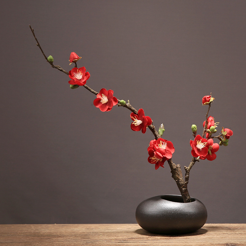 Artificial Cherry Blossom in Black Ceramic Vase