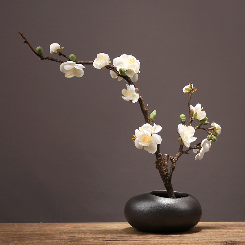Artificial Cherry Blossom in Black Ceramic Vase