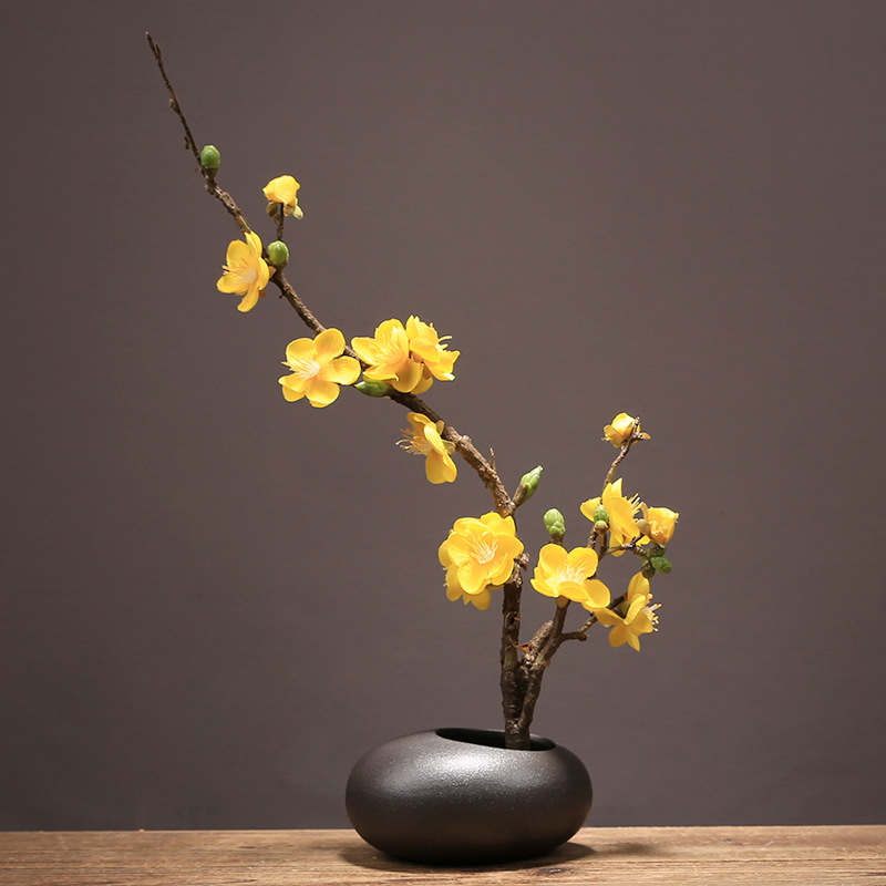 Artificial Cherry Blossom in Black Ceramic Vase
