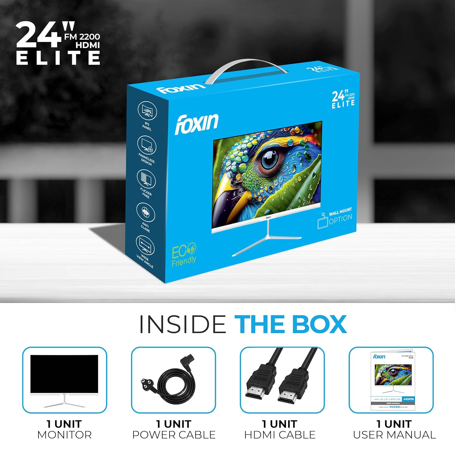 Foxin 24 Inch Full HD LED Monitor (1920 x 1080) Elite Series | IPS Panel | 100Hz | True Pixel | Anti-Glare & Flicker Free | Frameless | 16.7 Million Colors | Elite Series