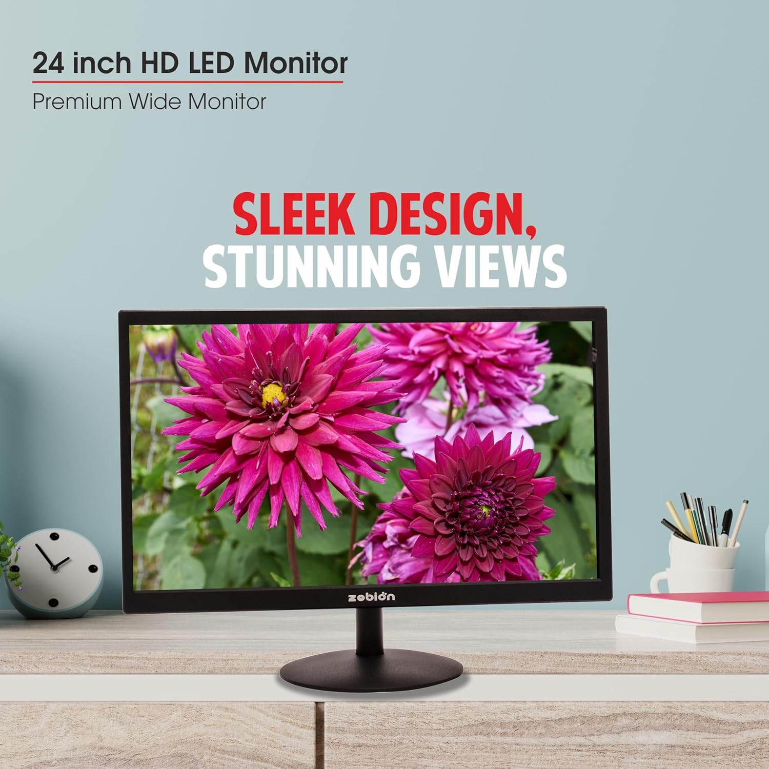 Zebion 24HD 24 Inch (60.96 Cm) Wide Led Monitor with Supporting Hdmi, Vga Input, Resolution 1920 X 1200 Pixels, 17M Colors, Glossy Panel, Slim Design and Durable Body (Black)