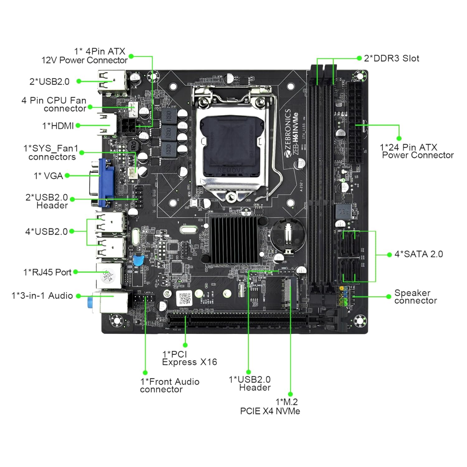 ZEBRONICS H61-NVMe/ H61 M2 Micro-ATX Motherboard for LGA 1155 Socket, Supports Intel 2nd & 3rd Generation Processors, M.2 Slot, 5.1 Audio, DDR3 1600 MHz, Ports (RJ45 | SATA | USB | HDMI)