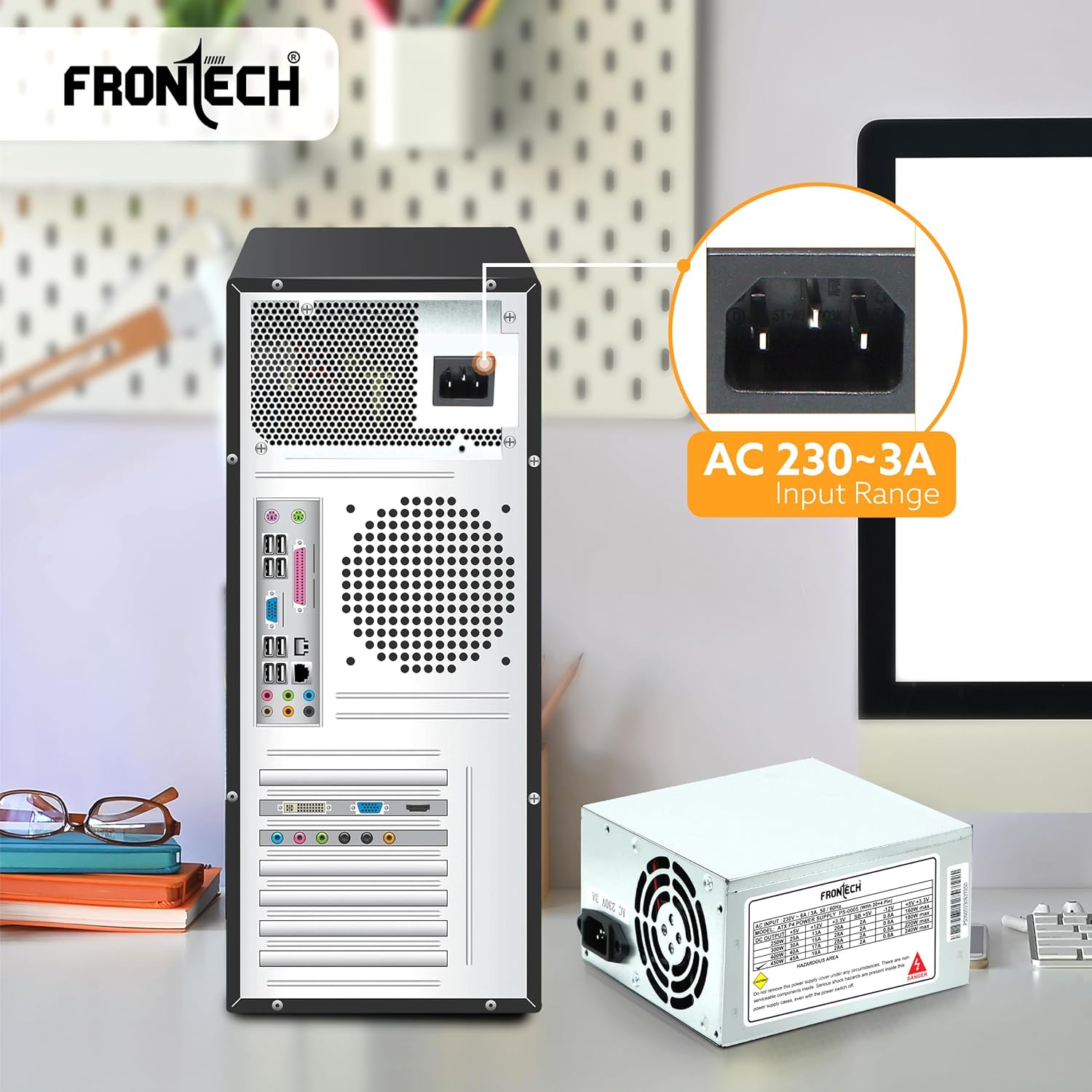 FRONTECH 450 Watts SMPS Power Supply Unit, Compliant with ATX 12V, 20/24 Pin Main Power, Power Protection, (PS-0005, Grey)