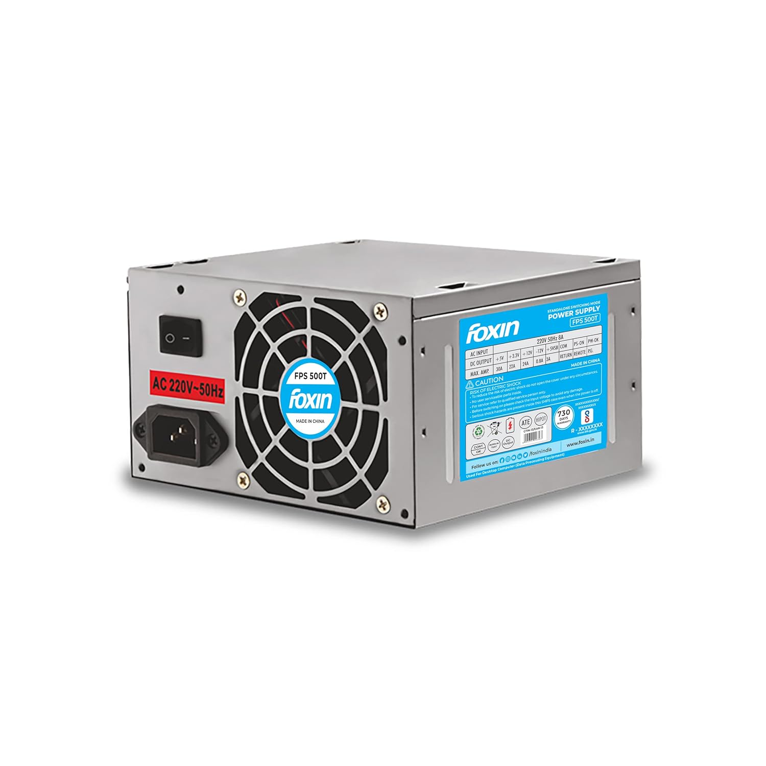 Foxin FPS-500S SMPS with 20 Plus 4 Pin Connector, Multiple Protection, Stable Power Output, Optimal Performance and Reliability | 200 Watt | BIS Approved | 1.2M Power Cord |