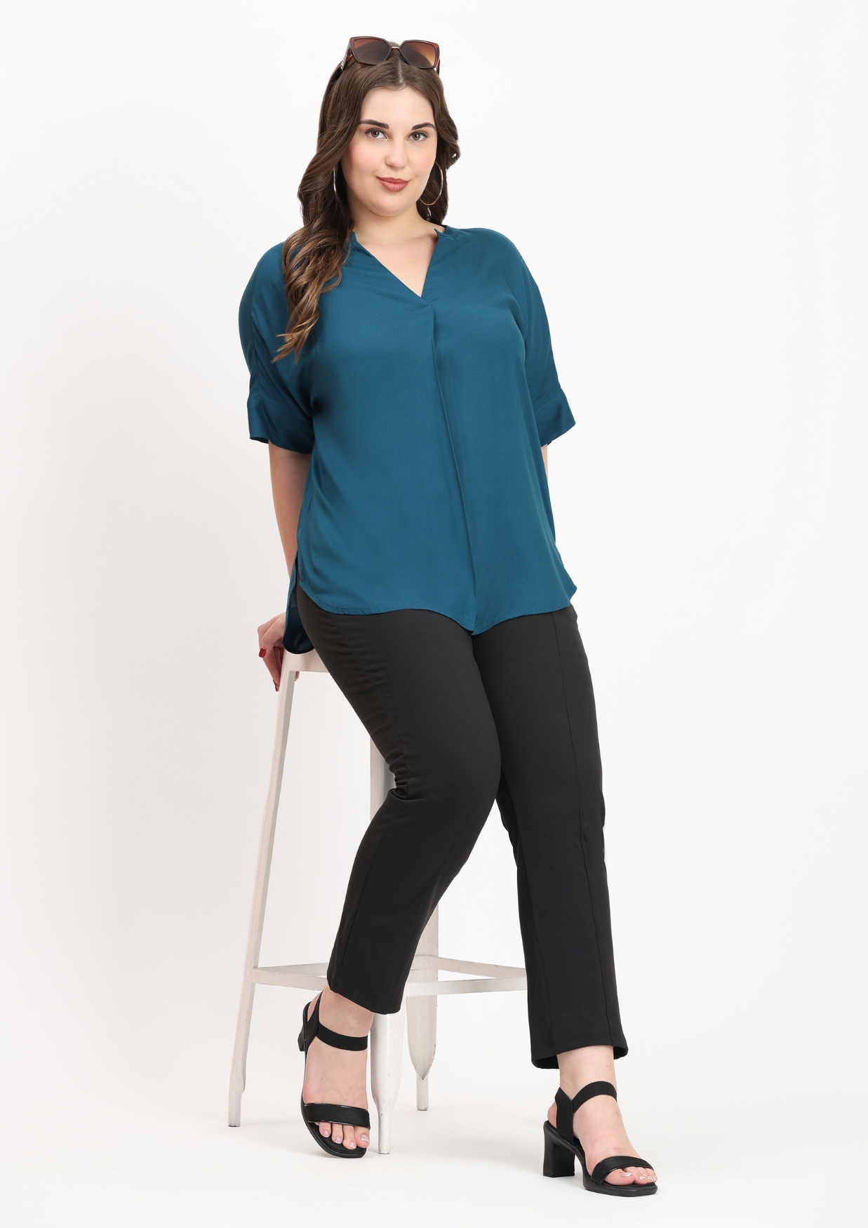 Women's Teal V-Neck Tops Blouse