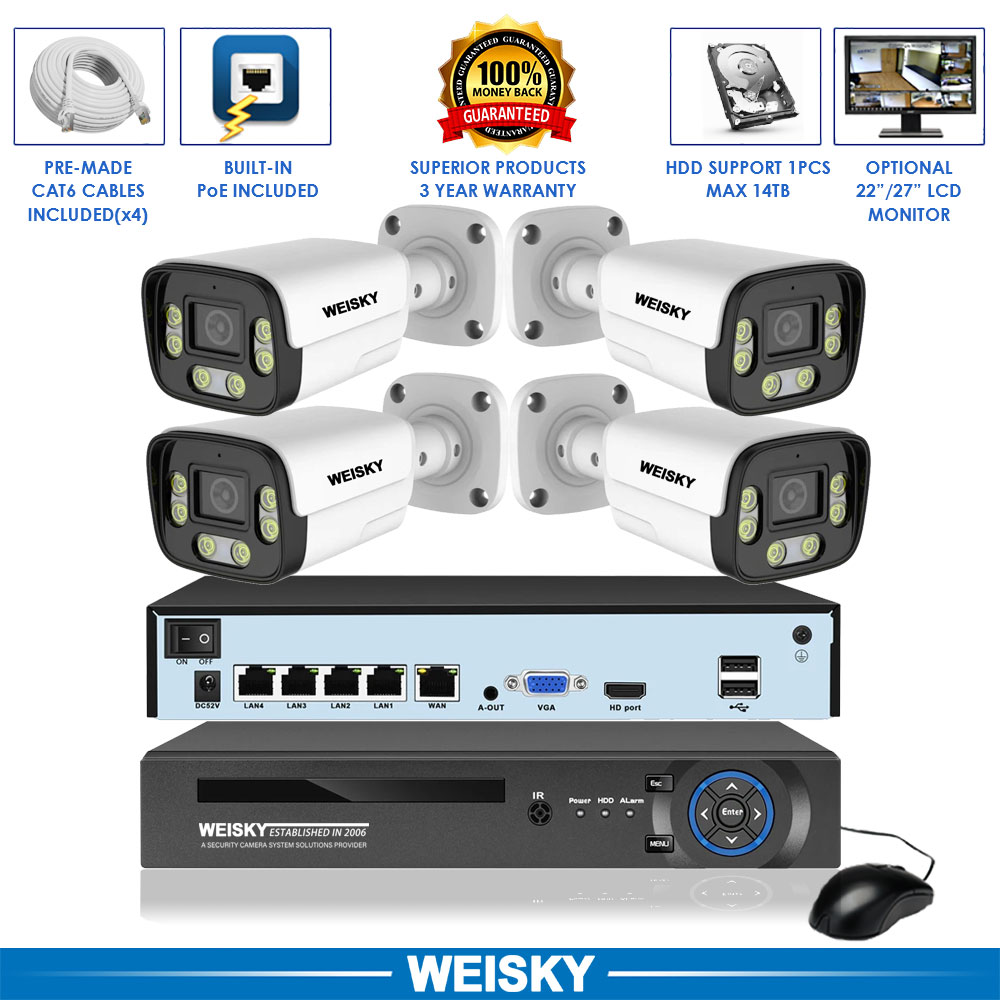 Security Camera System with 4 Bullet POE IP Security Cameras