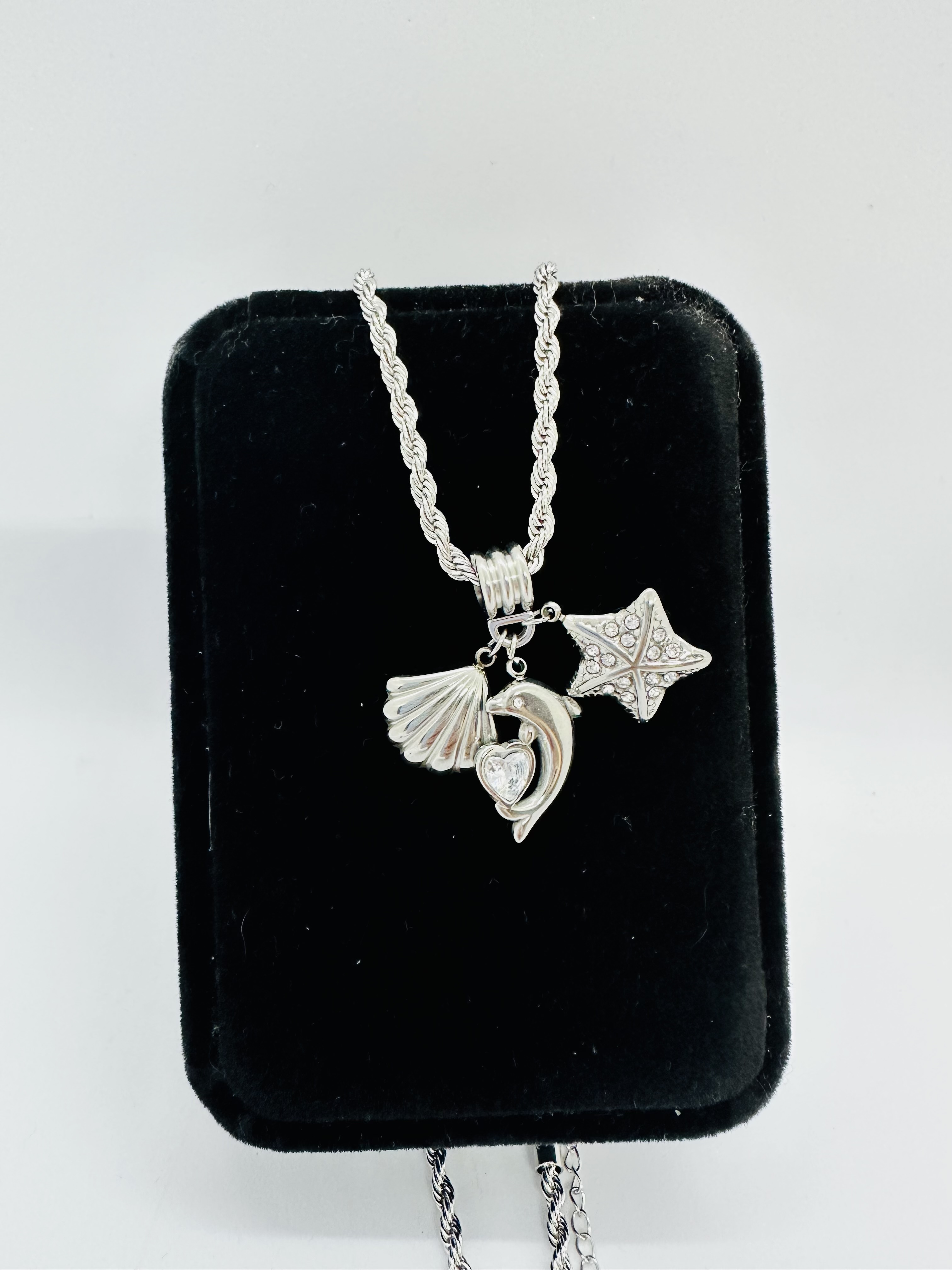 Stainless Steel Necklace with Dolphin, Shell and Starfish 