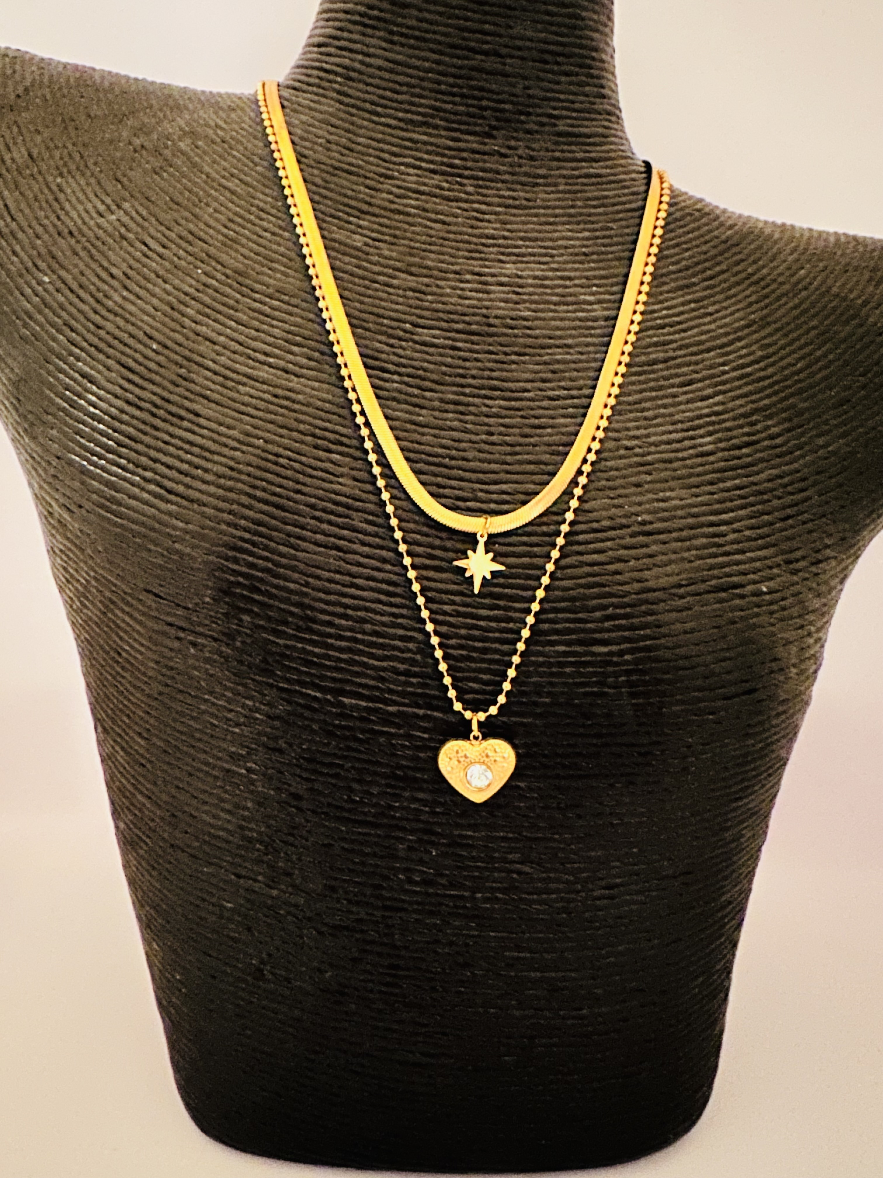 Stainless Steel Over 18K Gold Necklace with Heart and Star Pendant