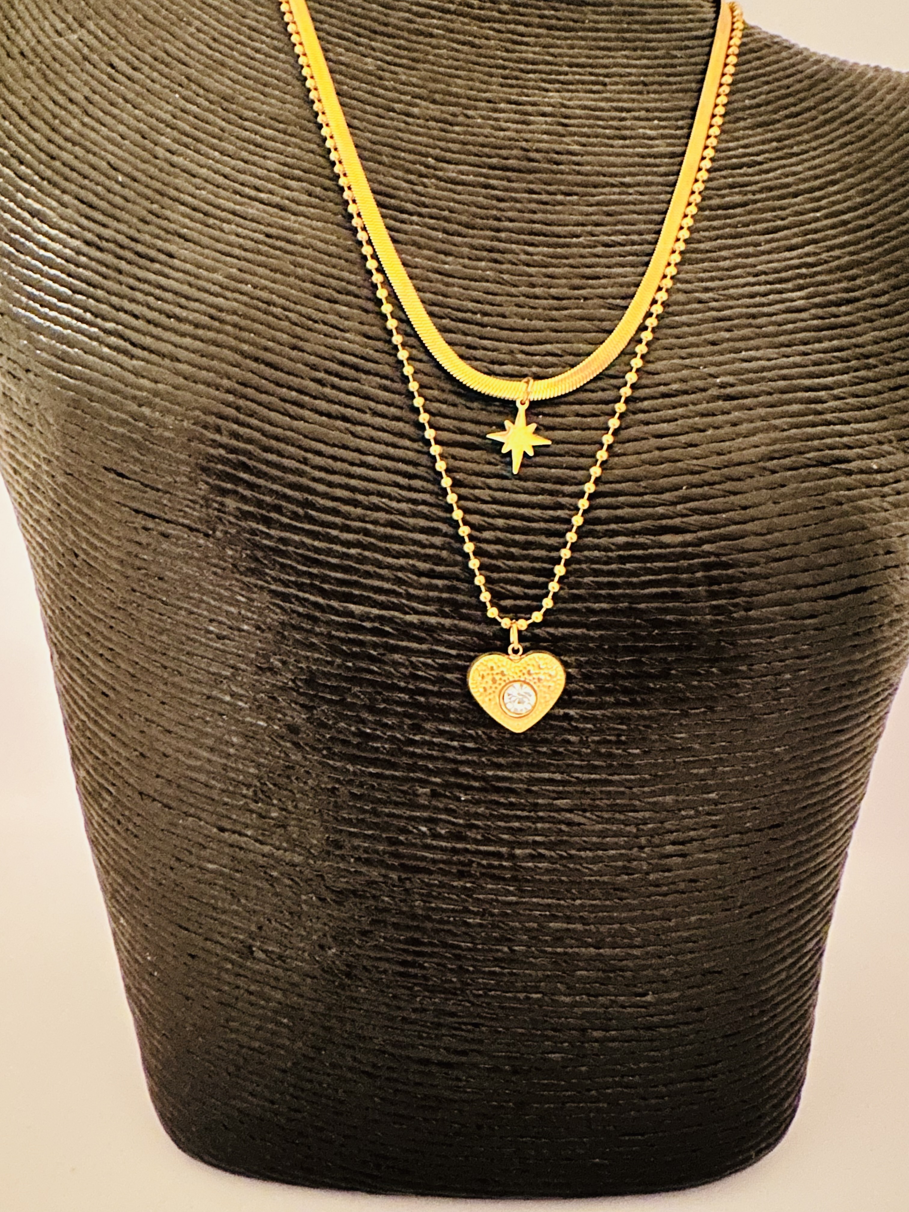 Stainless Steel Over 18K Gold Necklace with Heart and Star Pendant