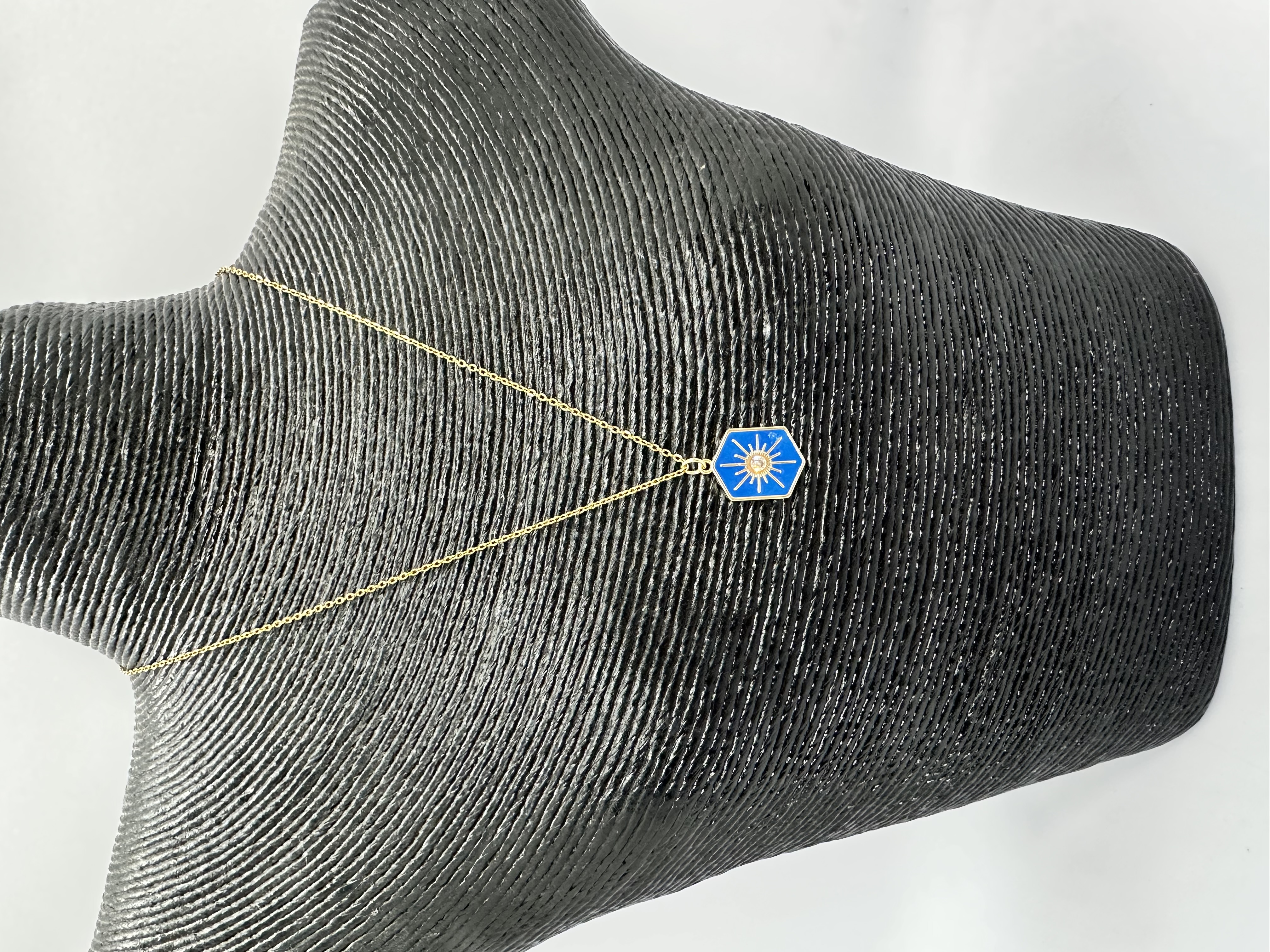 Stainless Steel Non Tarnish Waterproof Over 17K Gold Necklace with Blue Enamel Pendant