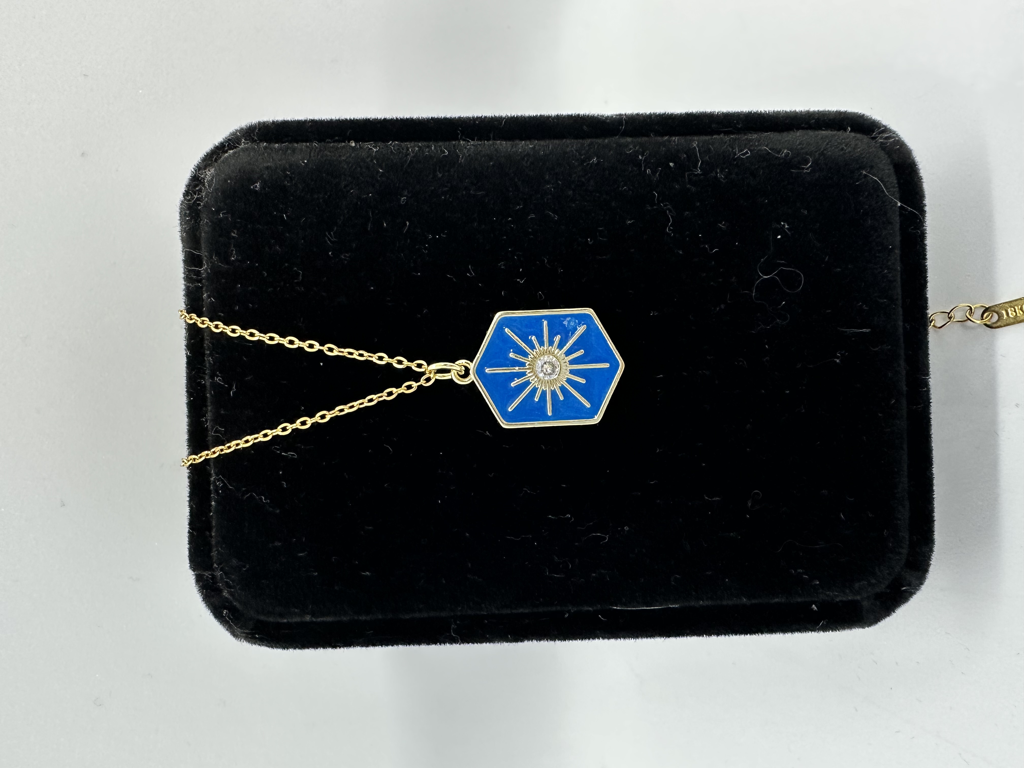 Stainless Steel Non Tarnish Waterproof Over 17K Gold Necklace with Blue Enamel Pendant