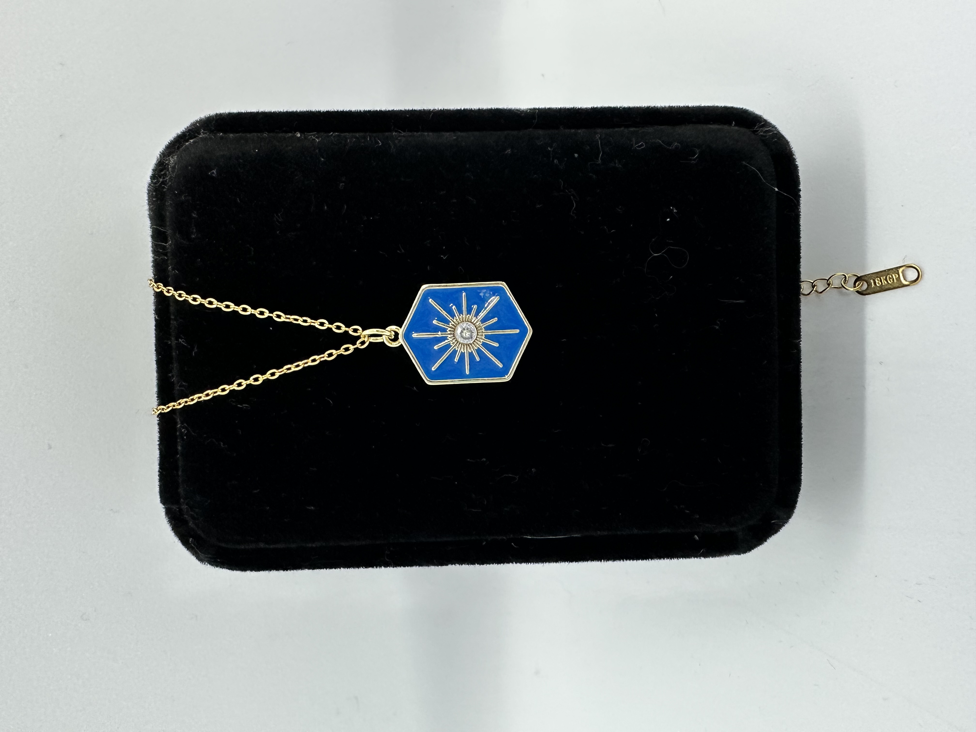 Stainless Steel Non Tarnish Waterproof Over 17K Gold Necklace with Blue Enamel Pendant