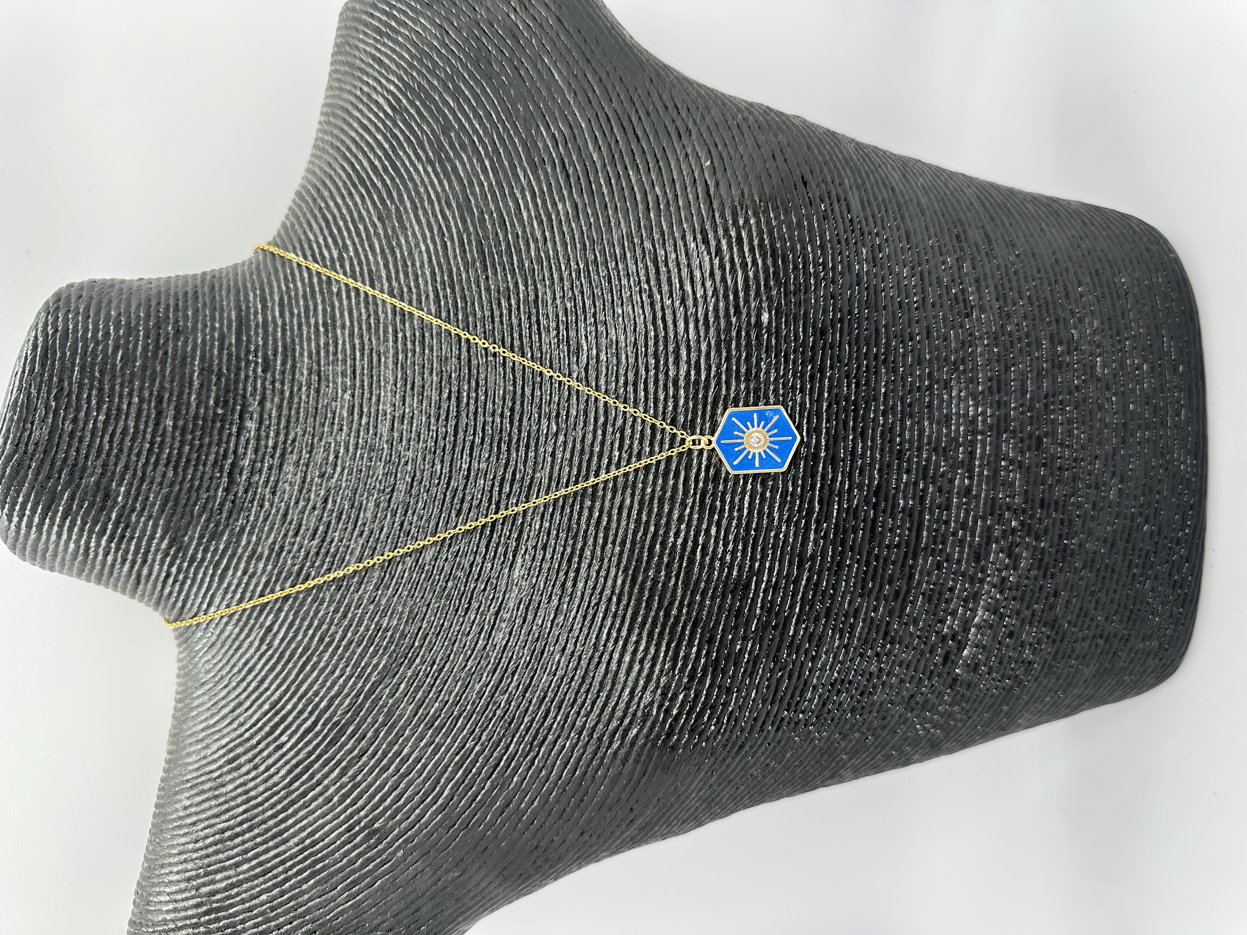 Stainless Steel Non Tarnish Waterproof Over 17K Gold Necklace with Blue Enamel Pendant