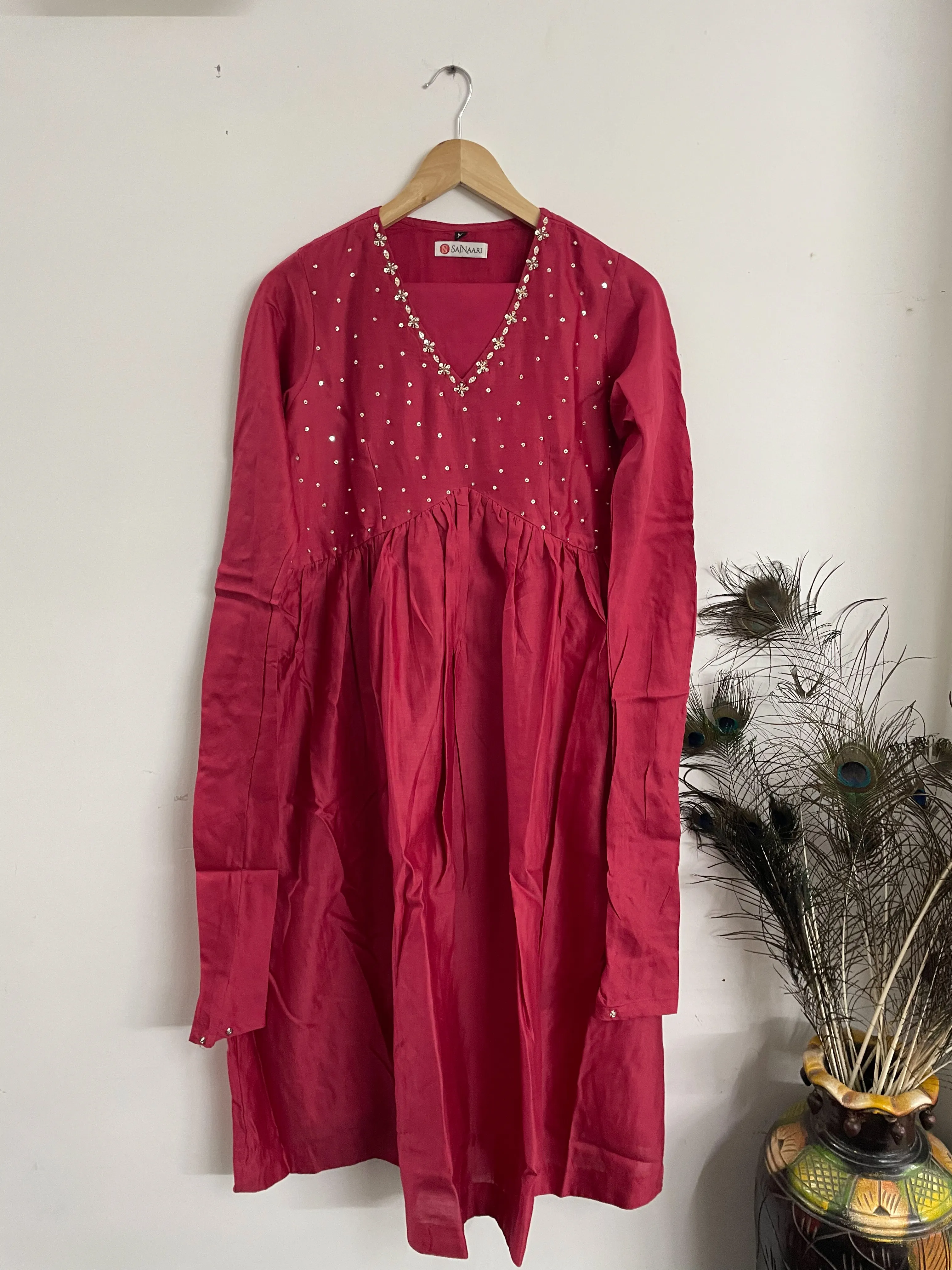 Cherry Red Chanderi A-line Kurta set with Dupattas