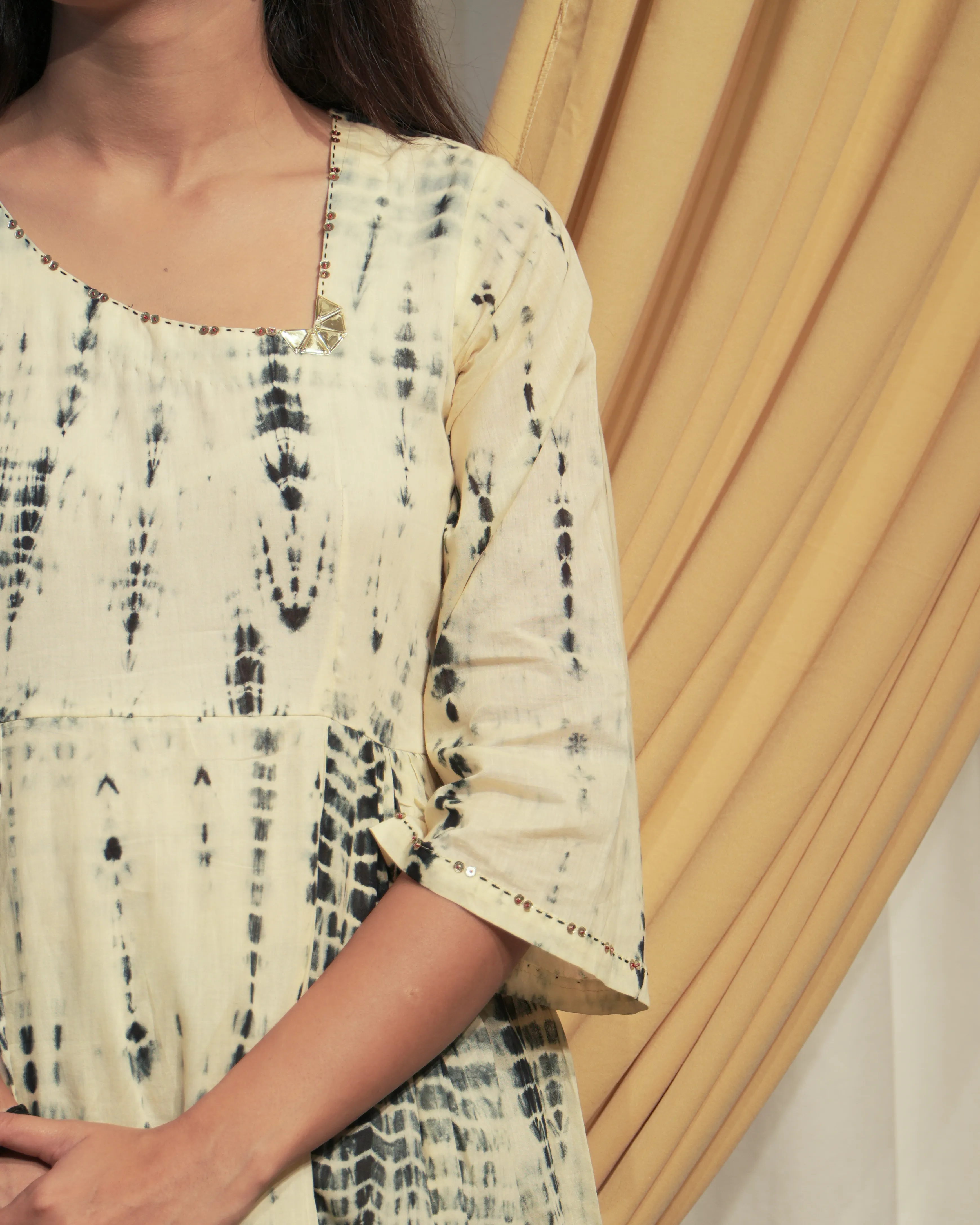 Black & Cream  A-line Kurta set with Dupattas