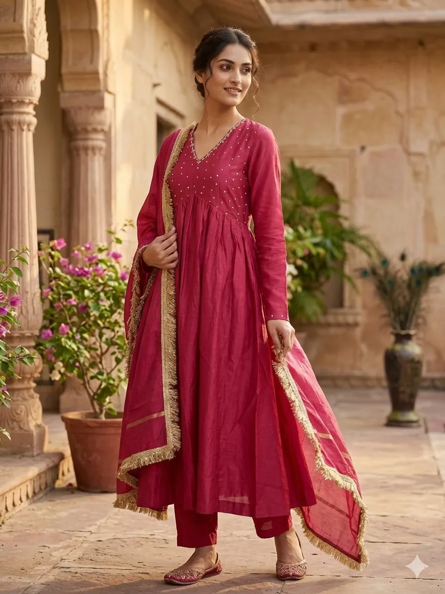 Cherry Red Chanderi A-line Kurta set with Dupattas
