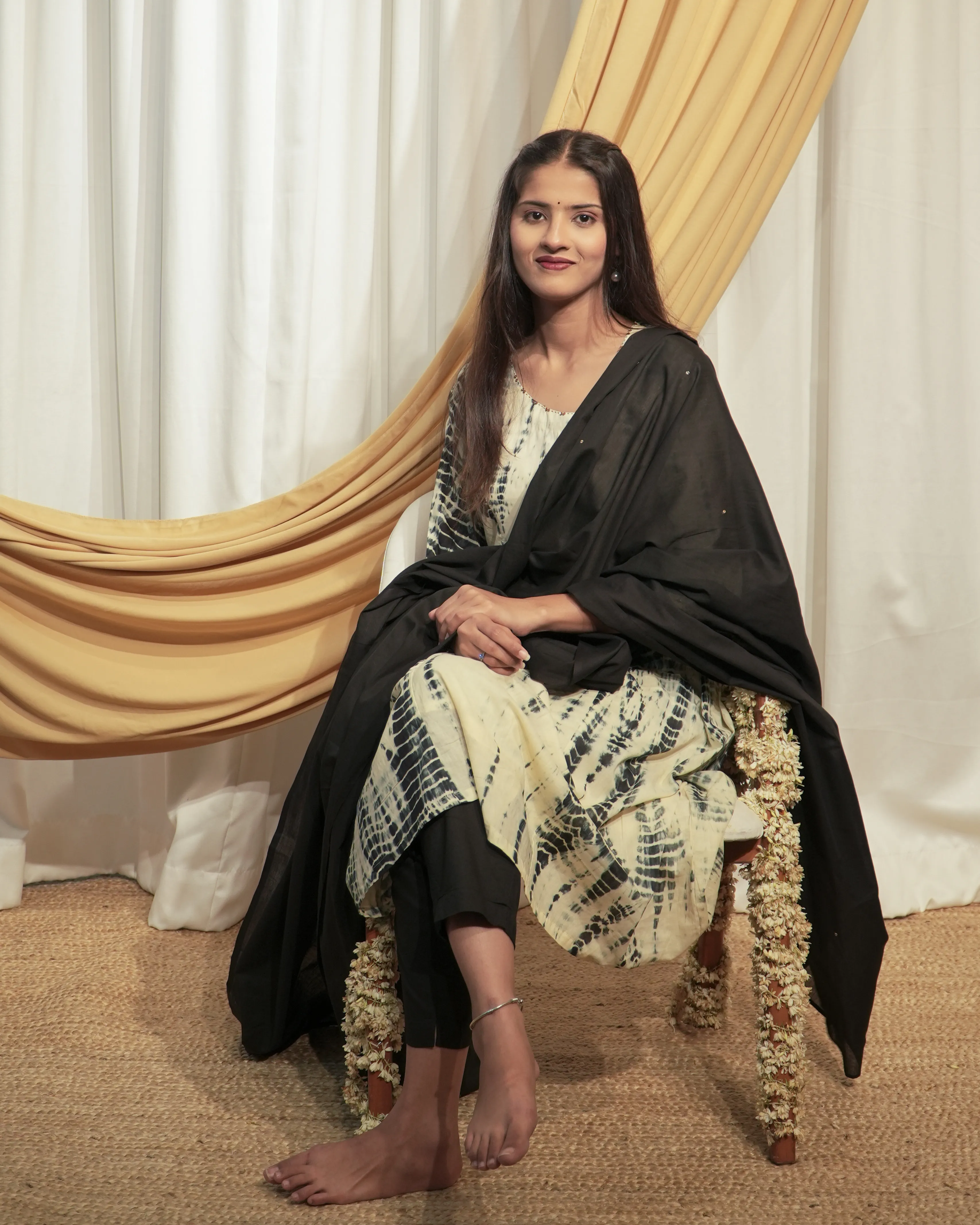 Black & Cream  A-line Kurta set with Dupattas