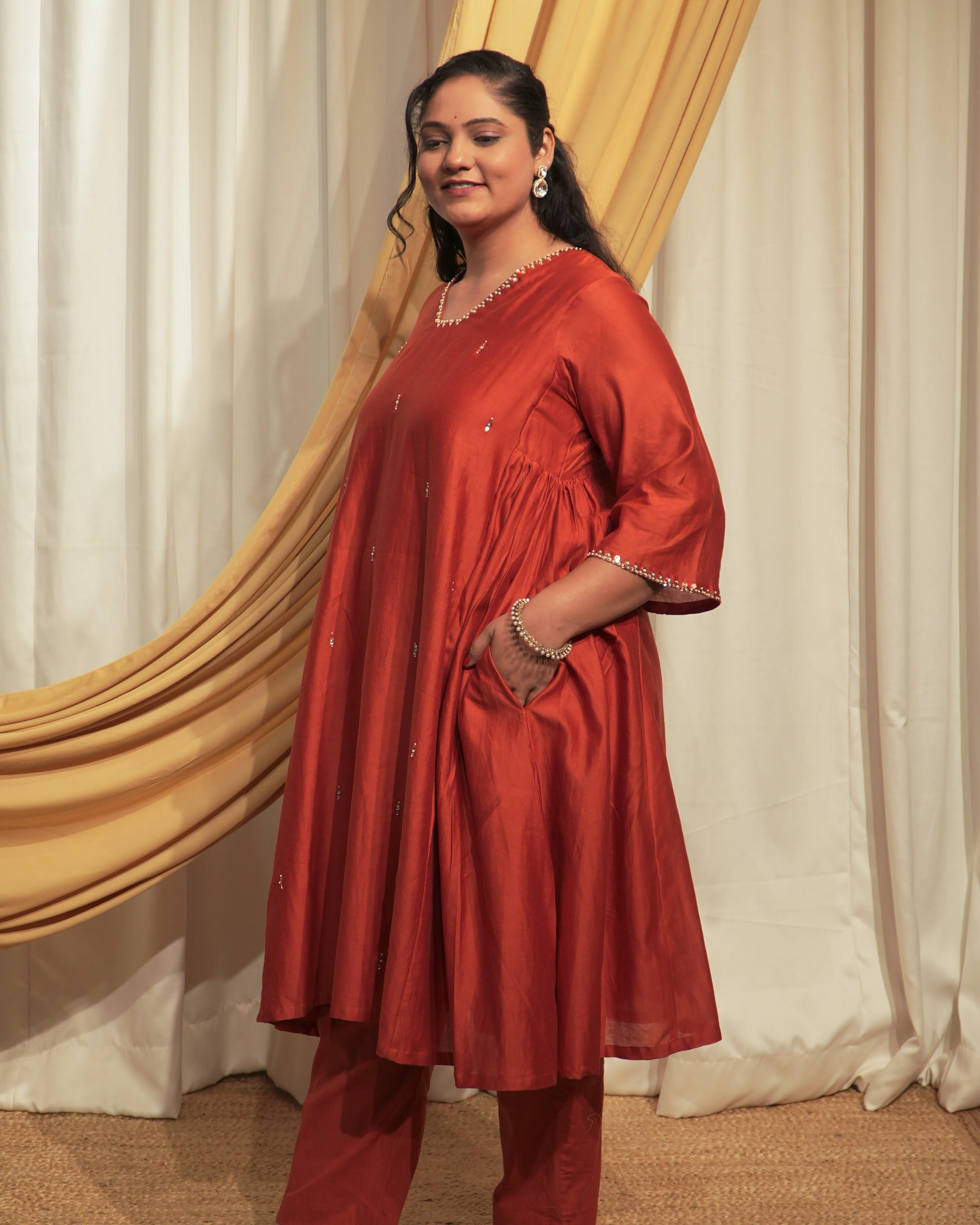 Rust Chanderi A-line Kurta set with Dupattas