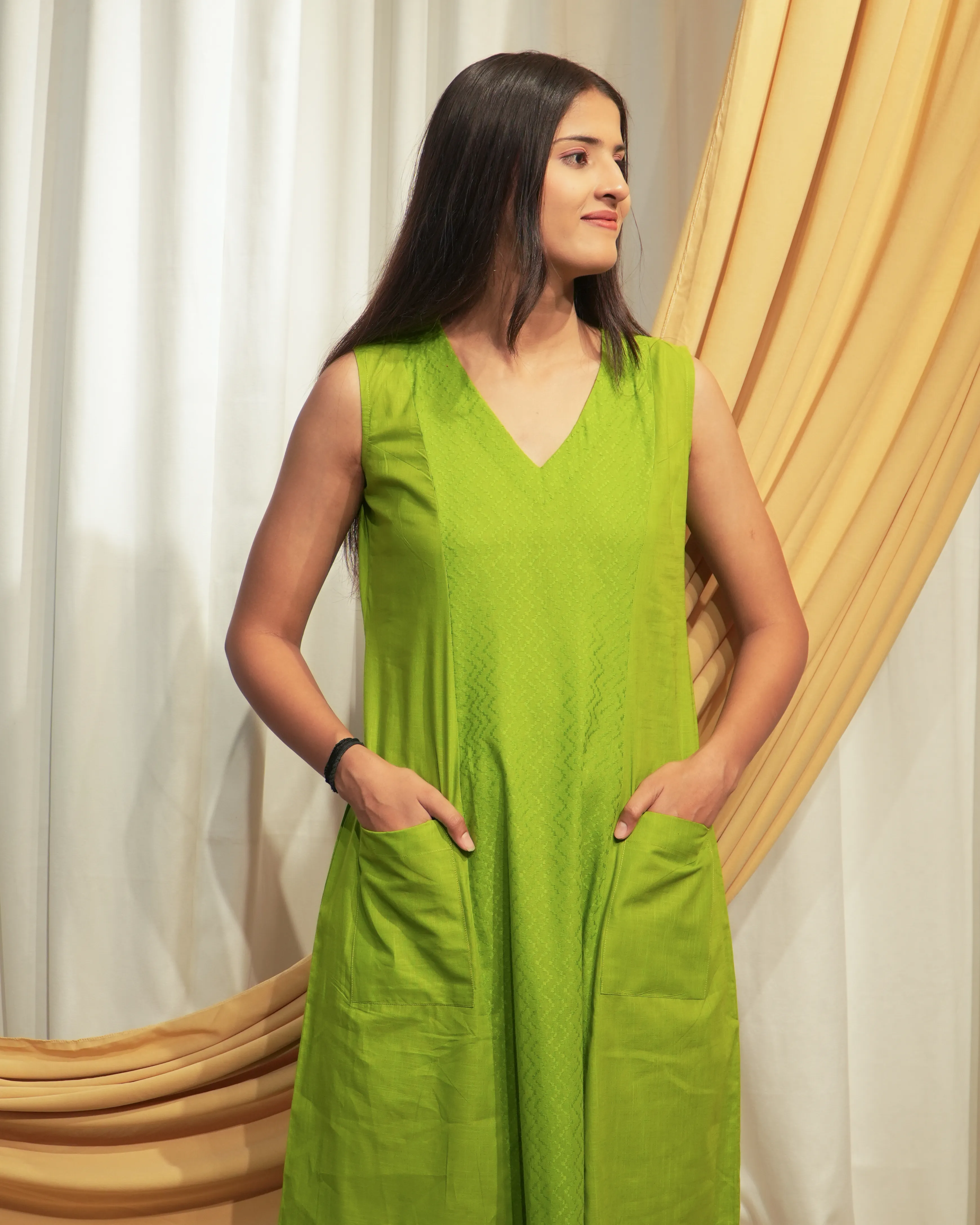 Sheen Green Sleeveless Princess Panel A-Line Dress