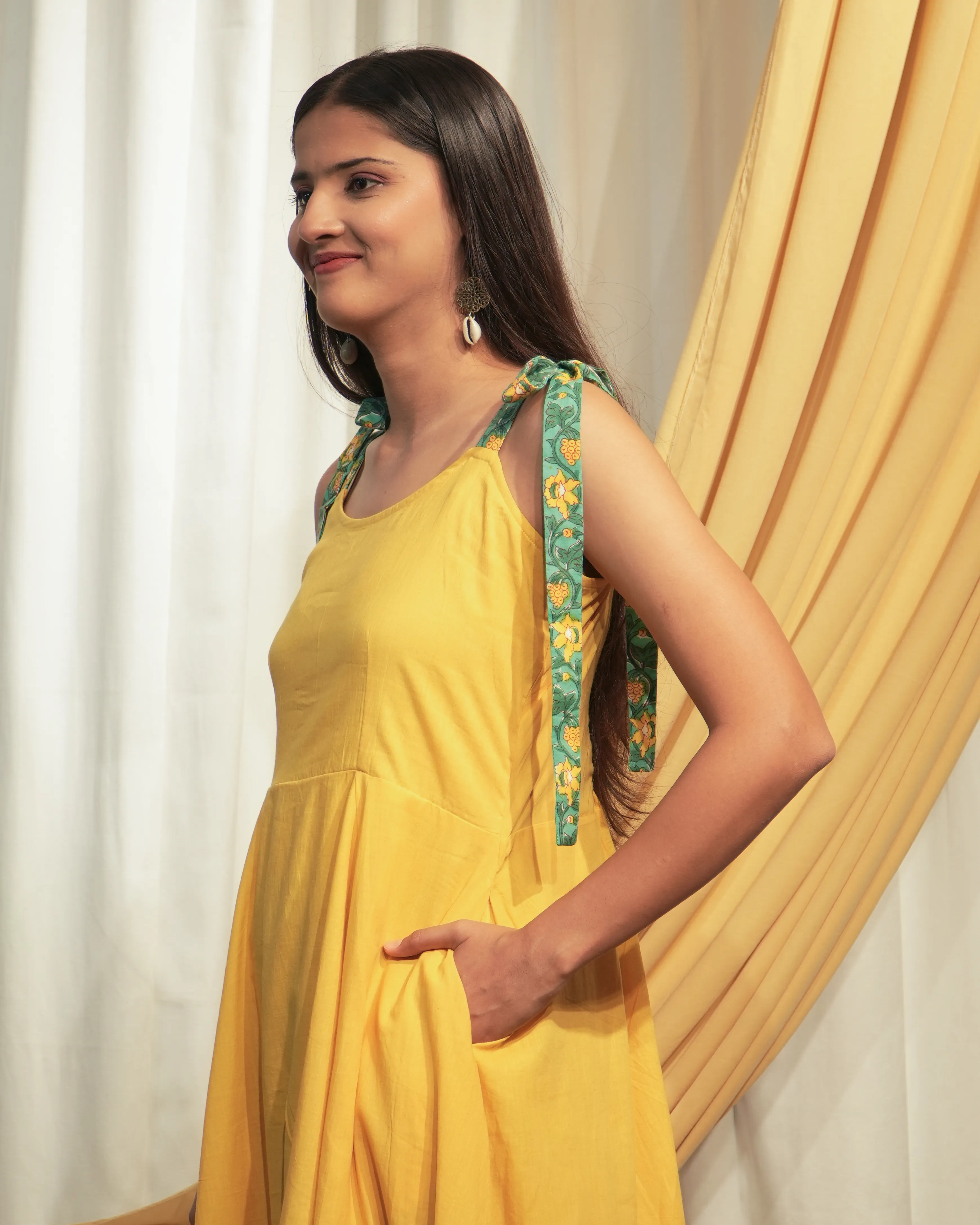 Lemon yellow A-Line Cotton Dress with Hand Block Print Bow Shoulders