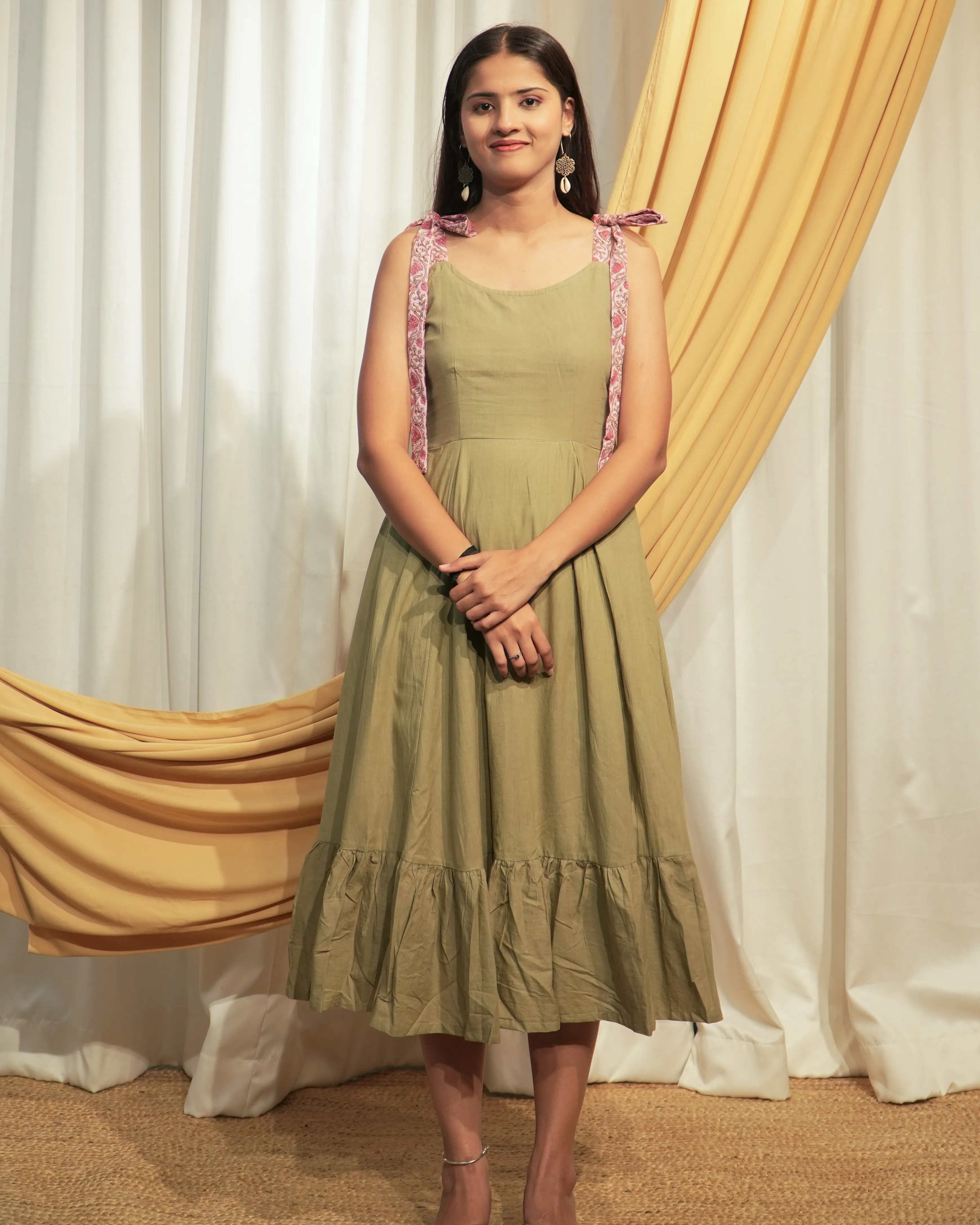 Light Green A-Line Cotton Dress with Hand Block Print Bow Shoulders