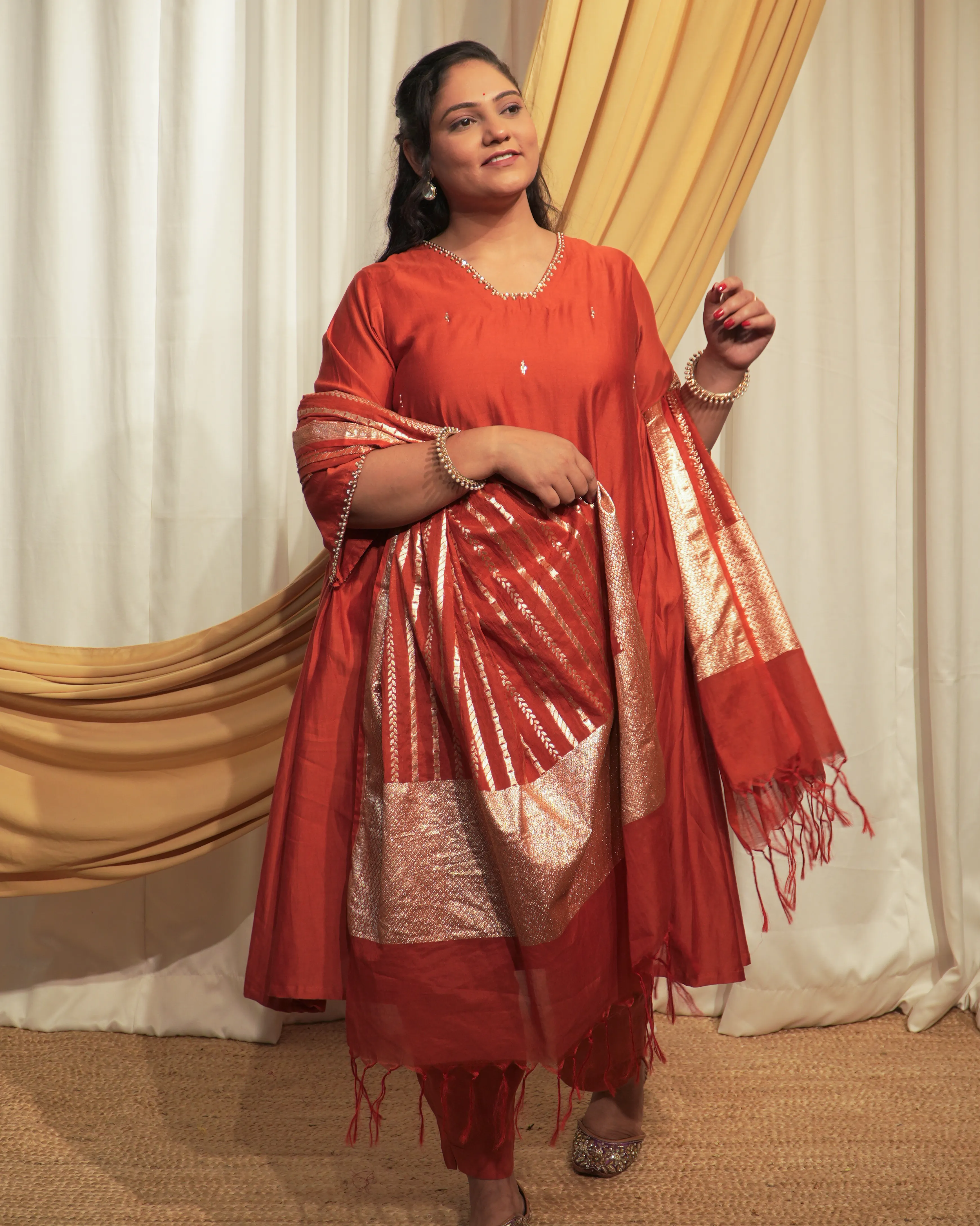 Rust Chanderi A-line Kurta set with Dupattas