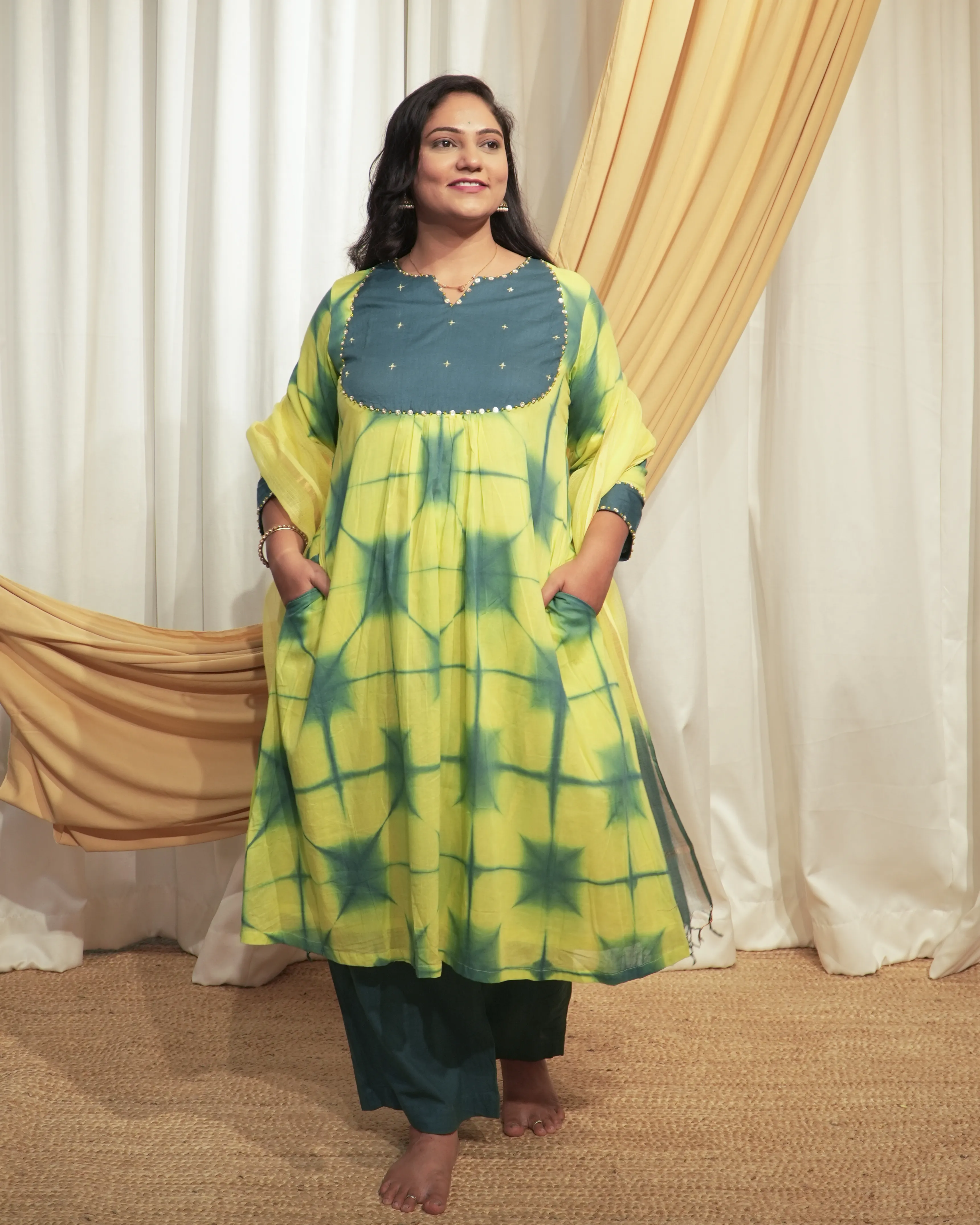 Lime Yellow & Drak Bule Gray A-line Kurta set with Dupattas
