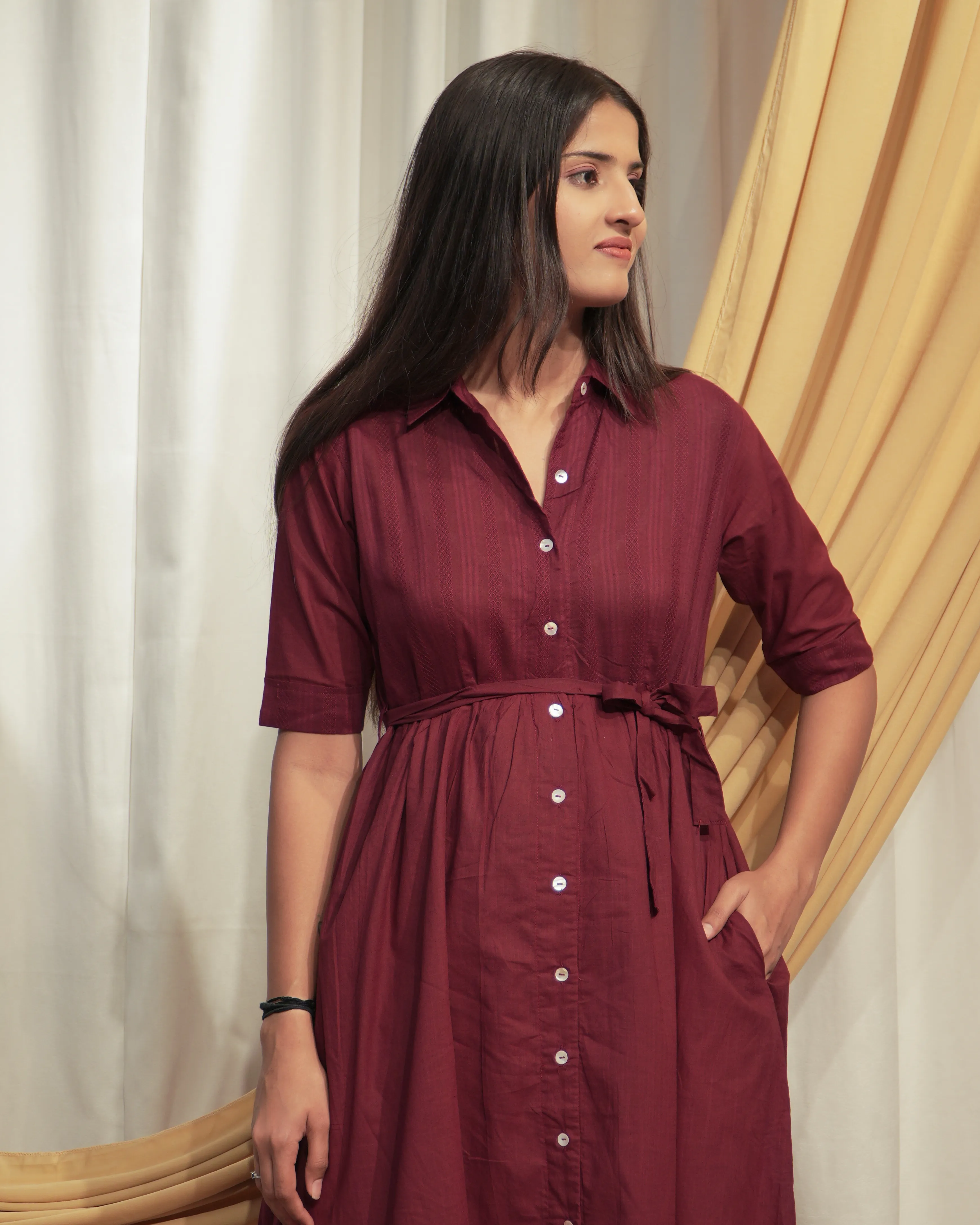 Maroon Shirt Style A-Line Dress with Tie-Up Belt