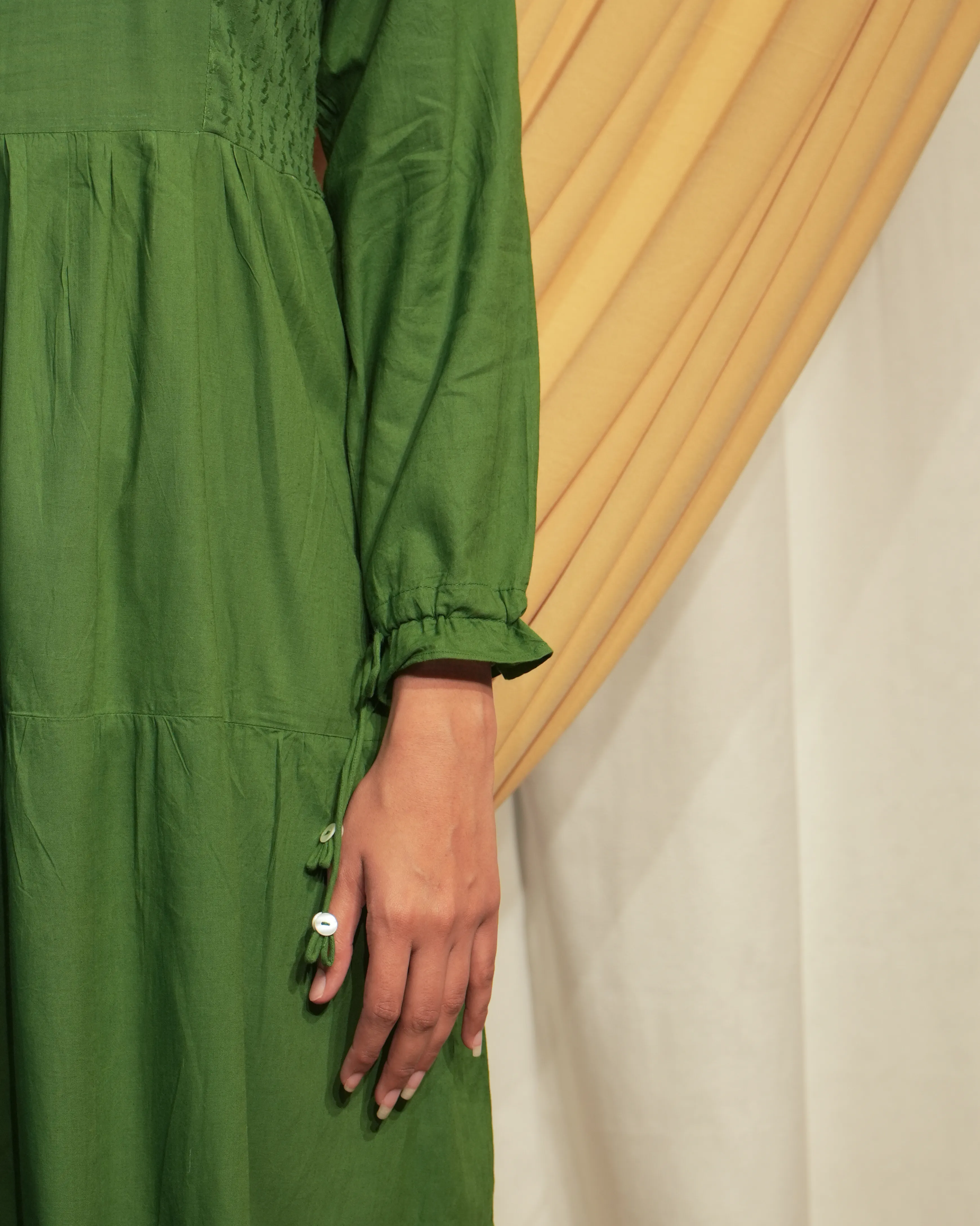 Basil Green Layered Cotton A-Line Dress with Puff Sleeves