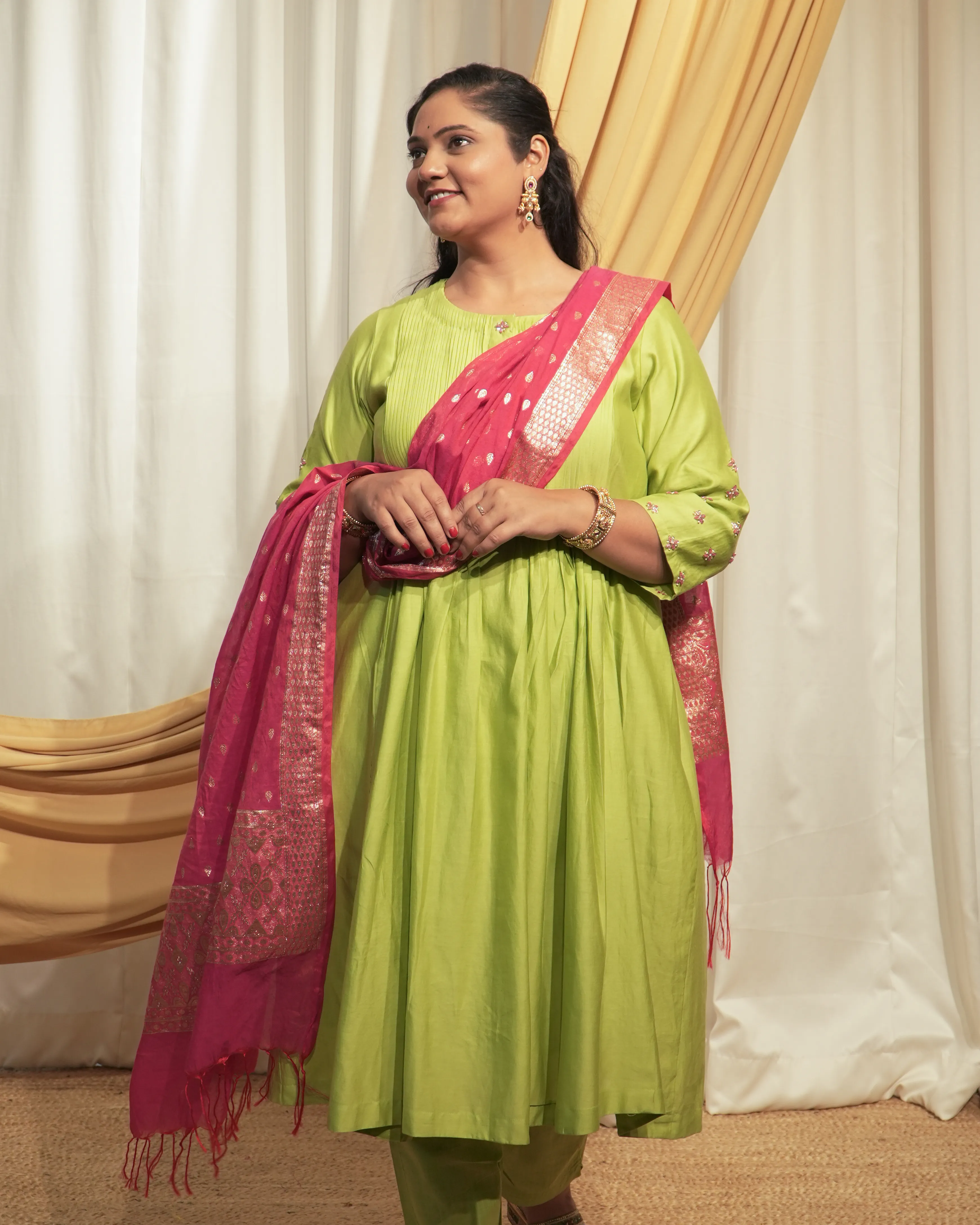 Light Pea Green and Cerise Pink Chanderi A-line Kurta set with Dupattas