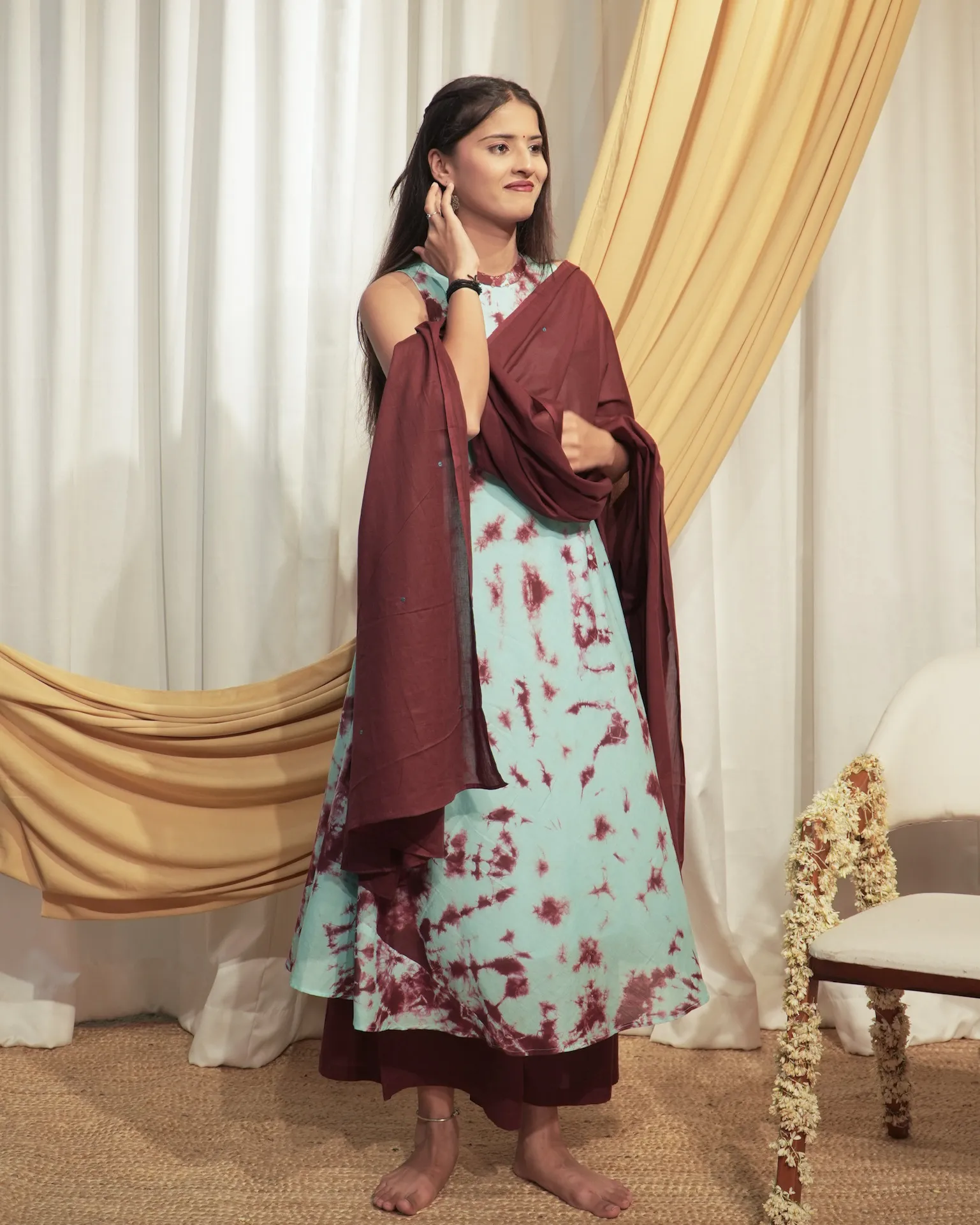 Ice Bule & Drak Brown A-line Kurta set with Dupattas