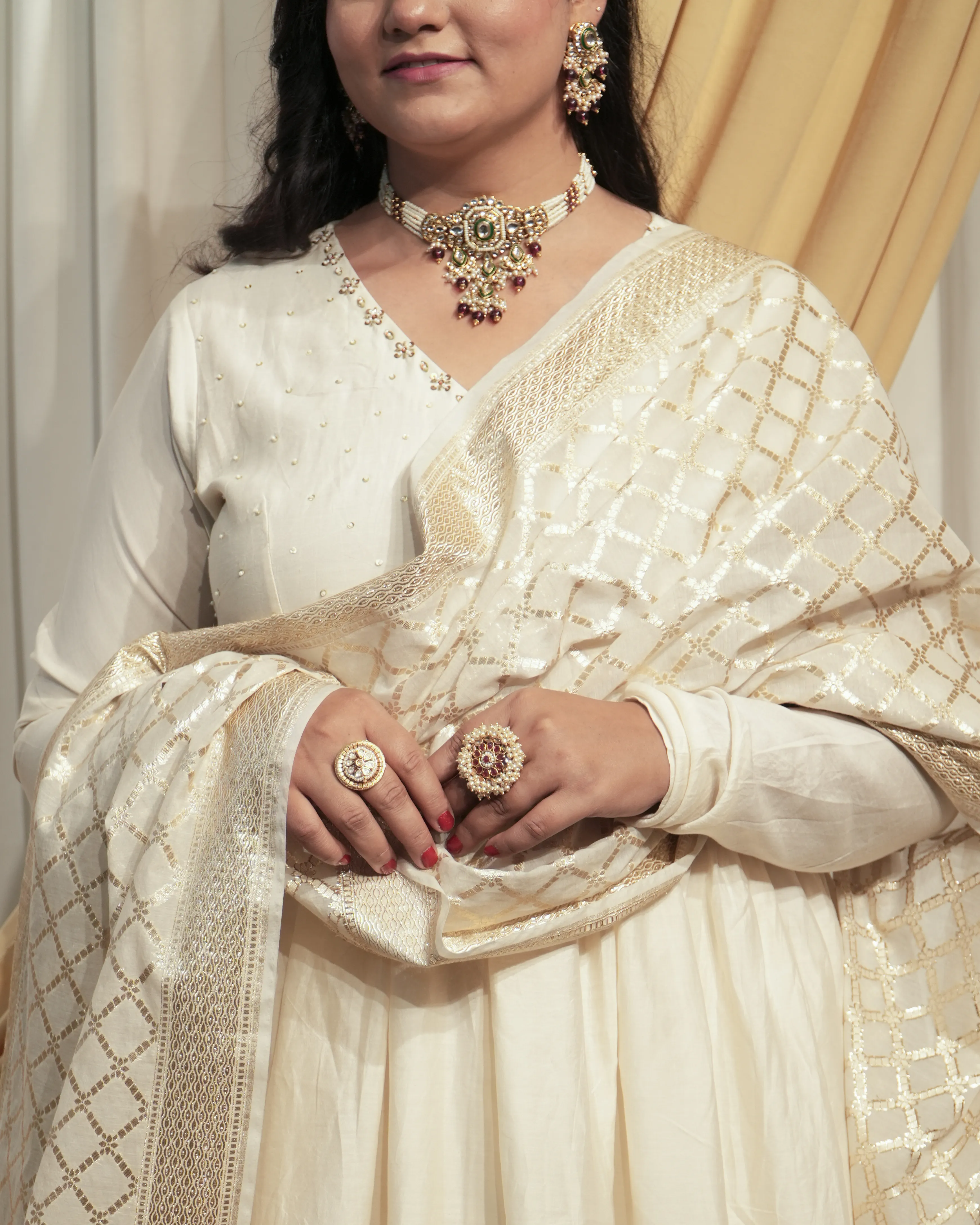  Off-white Chanderi A-line Kurta set with Dupattas