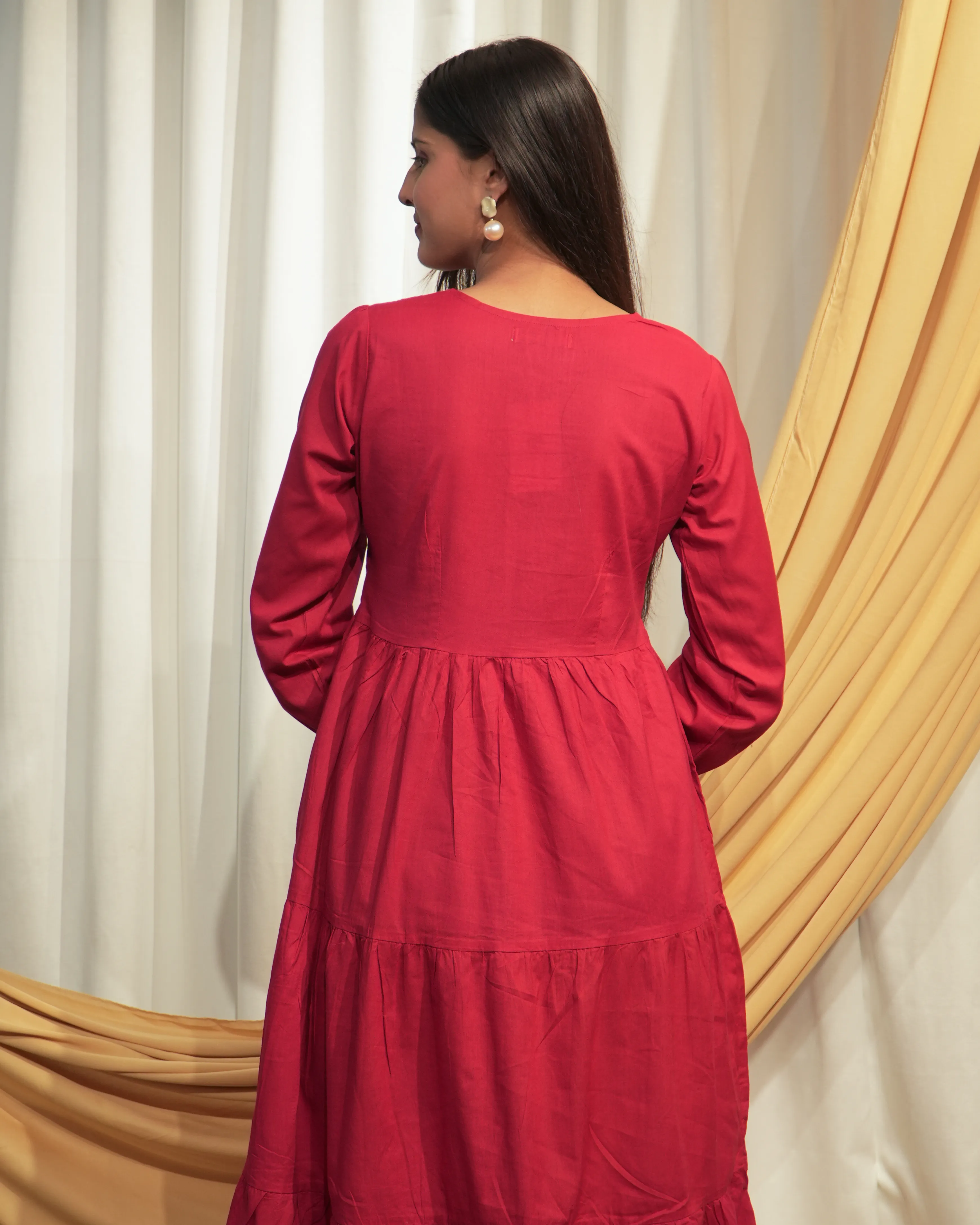 Carmine Red Layered Cotton A-Line Dress with Puff Sleeves