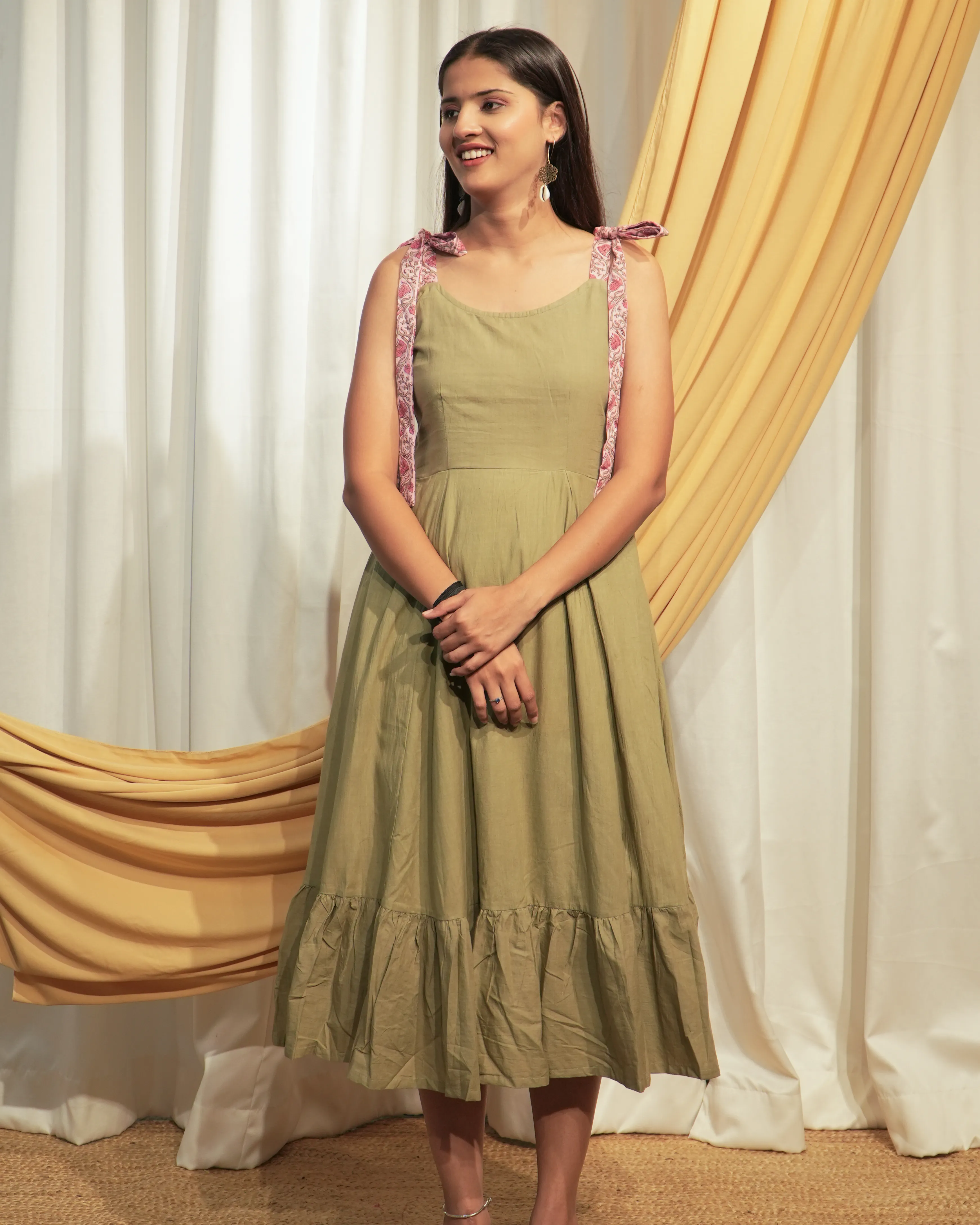 Light Green A-Line Cotton Dress with Hand Block Print Bow Shoulders