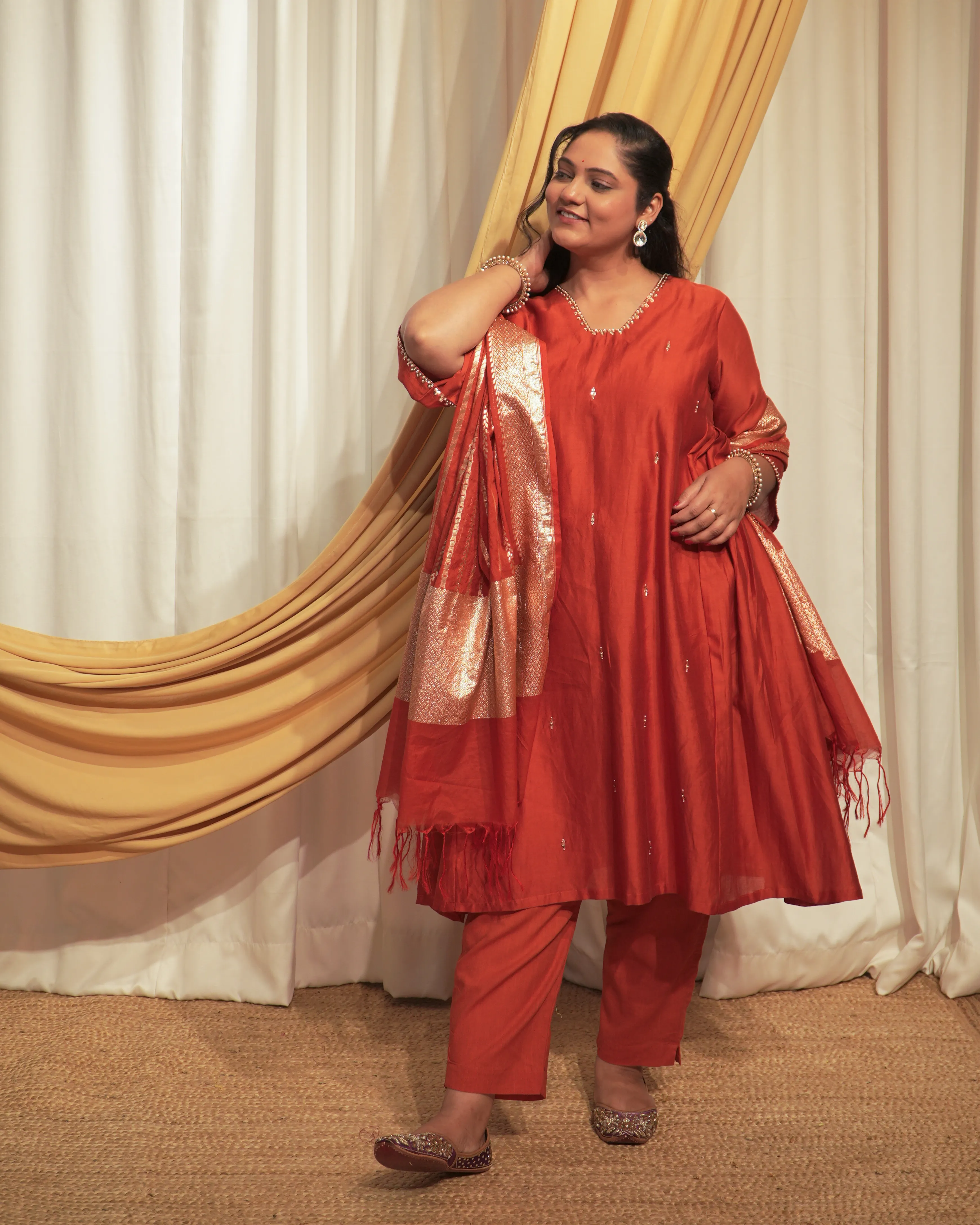 Rust Chanderi A-line Kurta set with Dupattas