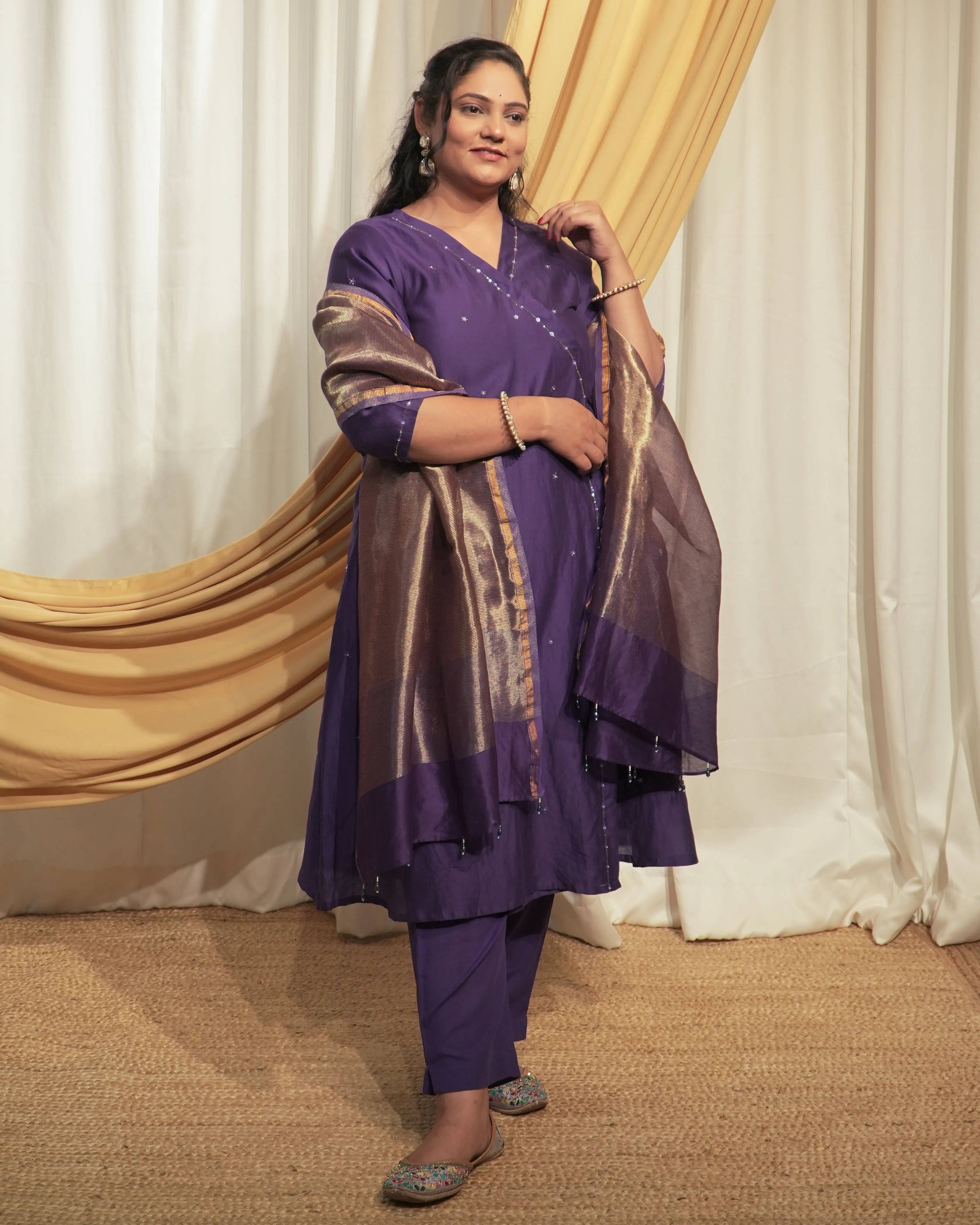 Purple Chanderi A-line Kurta set with Dupattas