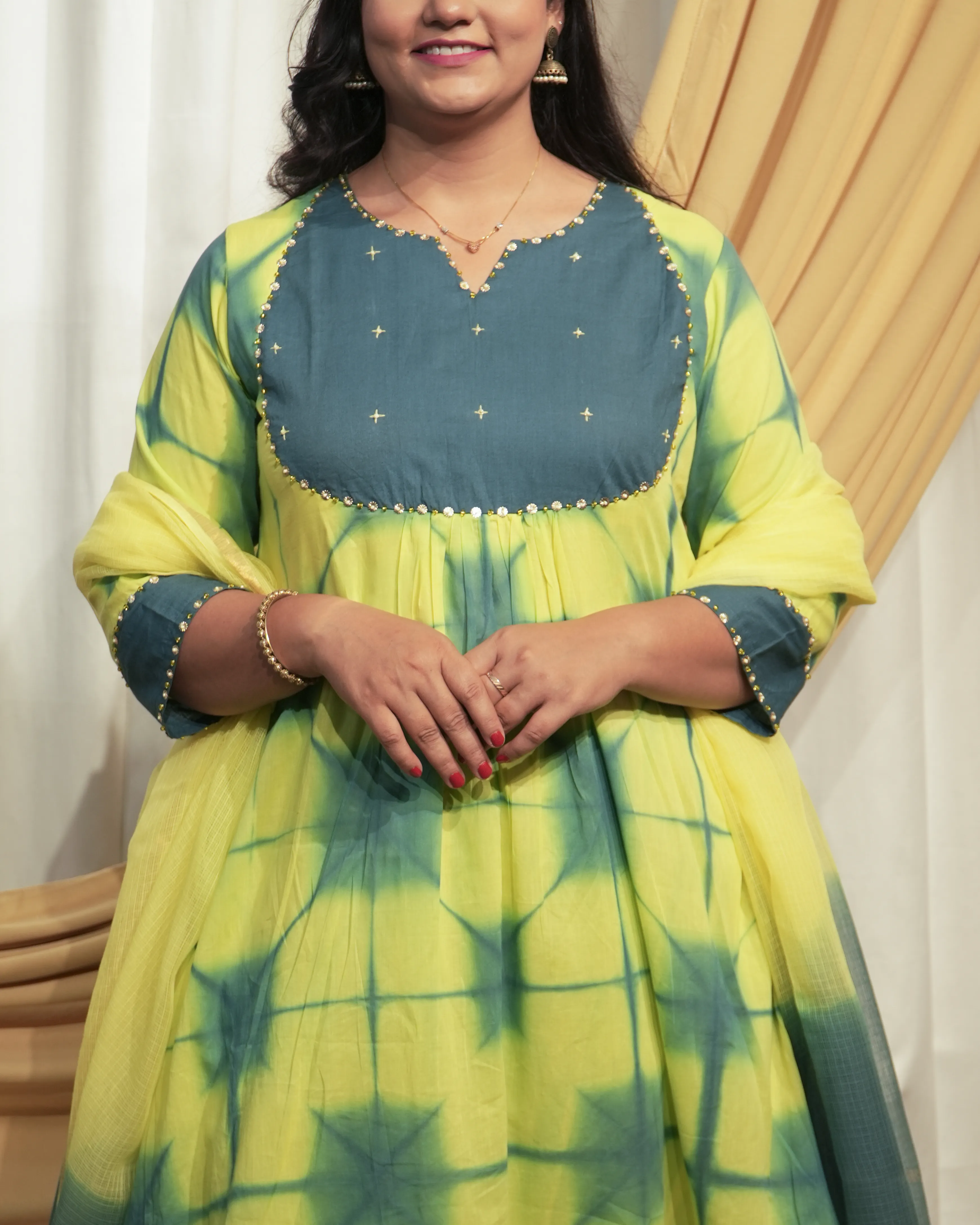 Lime Yellow & Drak Bule Gray A-line Kurta set with Dupattas